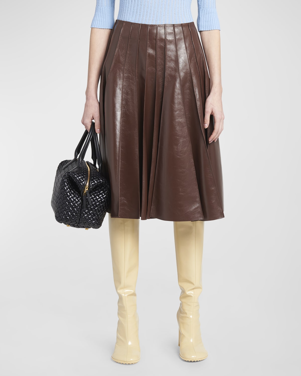Bottega Veneta Smooth Nappa Leather Plisse Midi Skirt