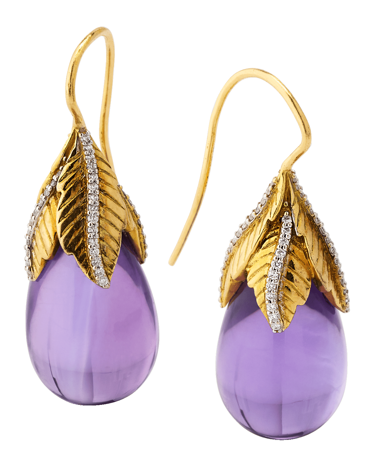Piranesi 18K White and Yellow Gold Drop Amethyst Earrings with Round Diamonds, 1.5"L