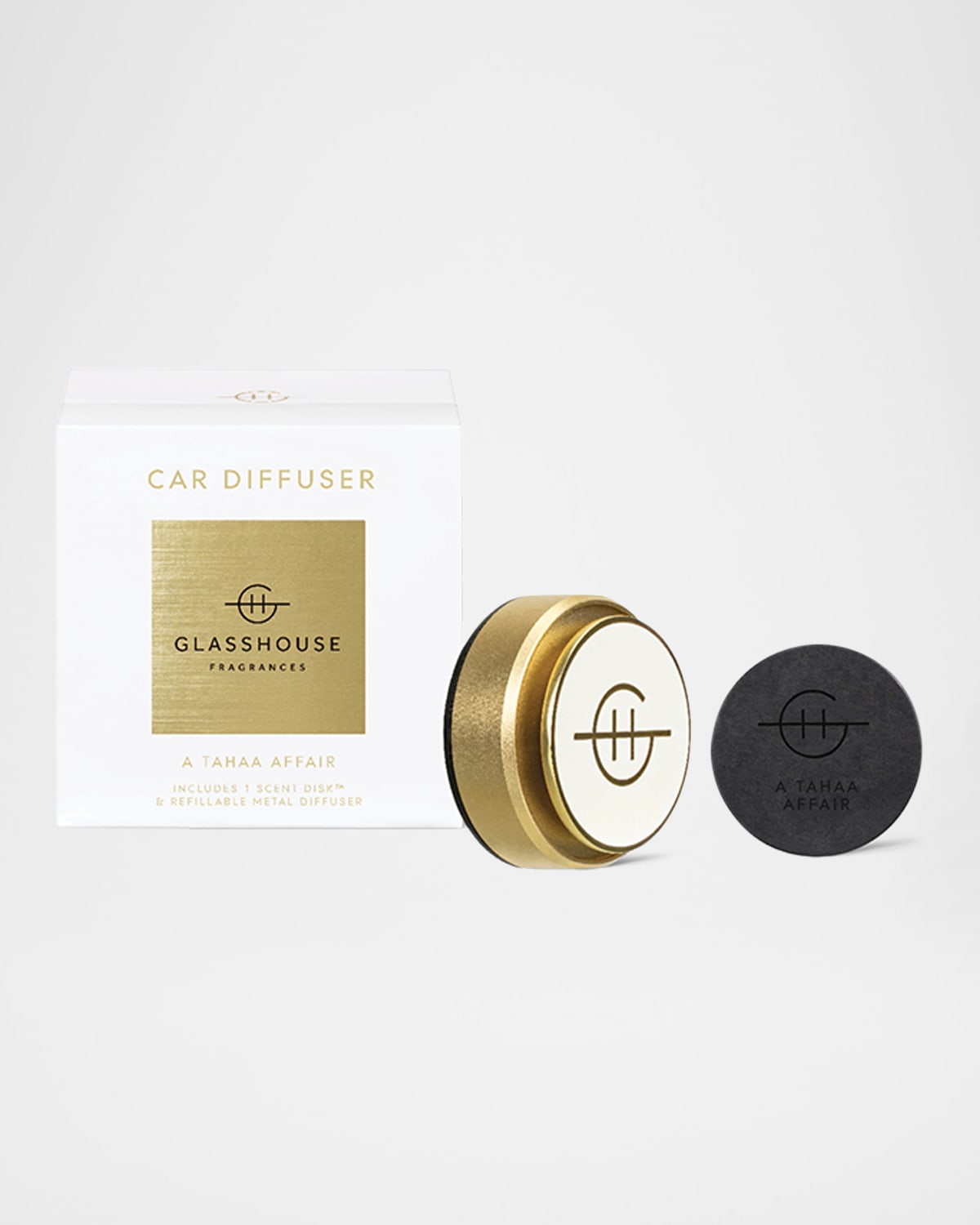 GLASSHOUSE FRAGRANCES Golden Car Diffuser with A Tahaa Affair Replacement Scent Disk