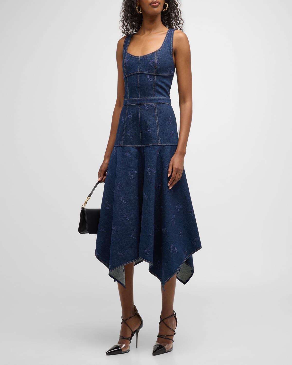 Jason Wu Sleeveless Embroidered Denim Midi Dress