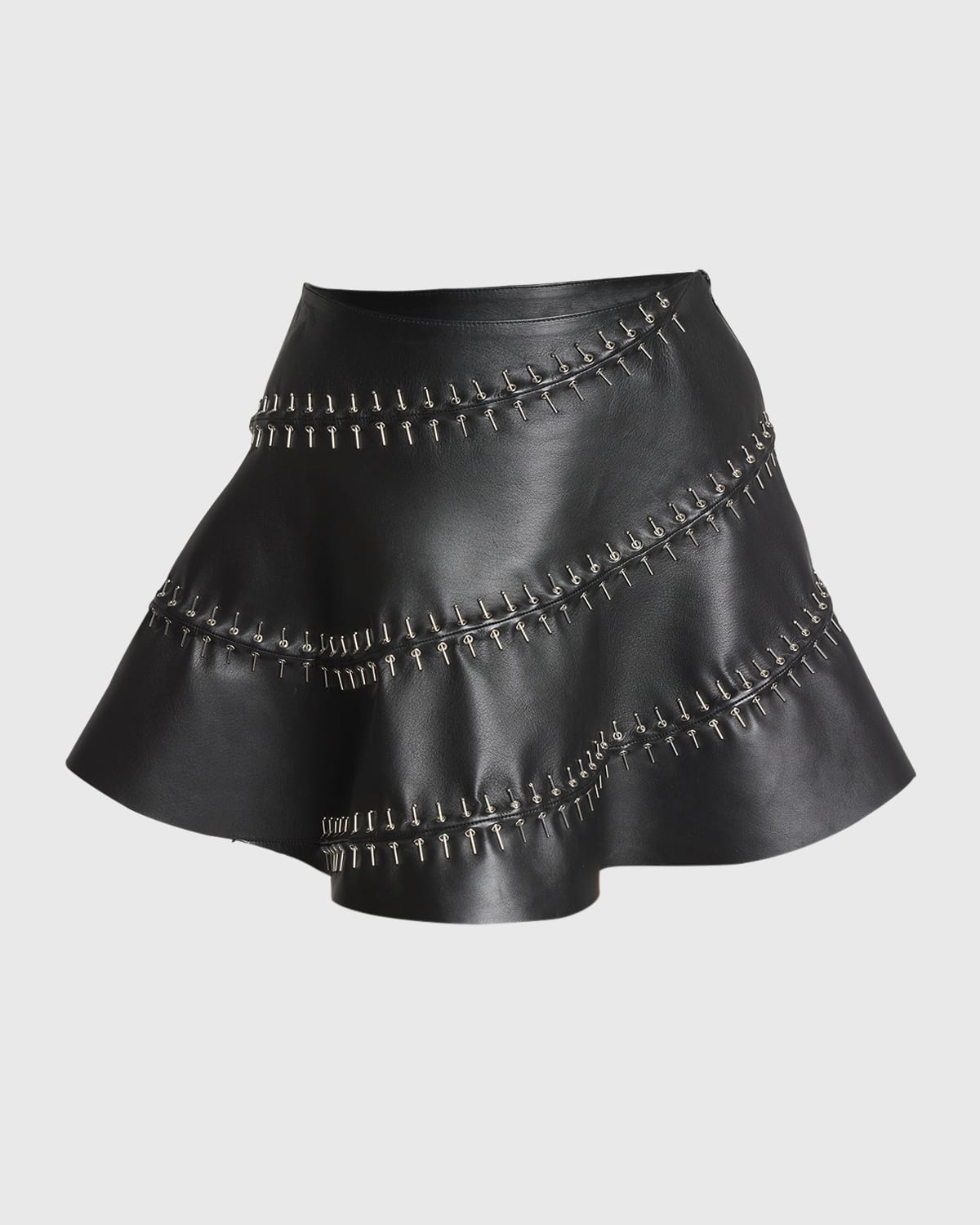 ALAIA Grommet Embroidered Leather Mini Skater Skirt