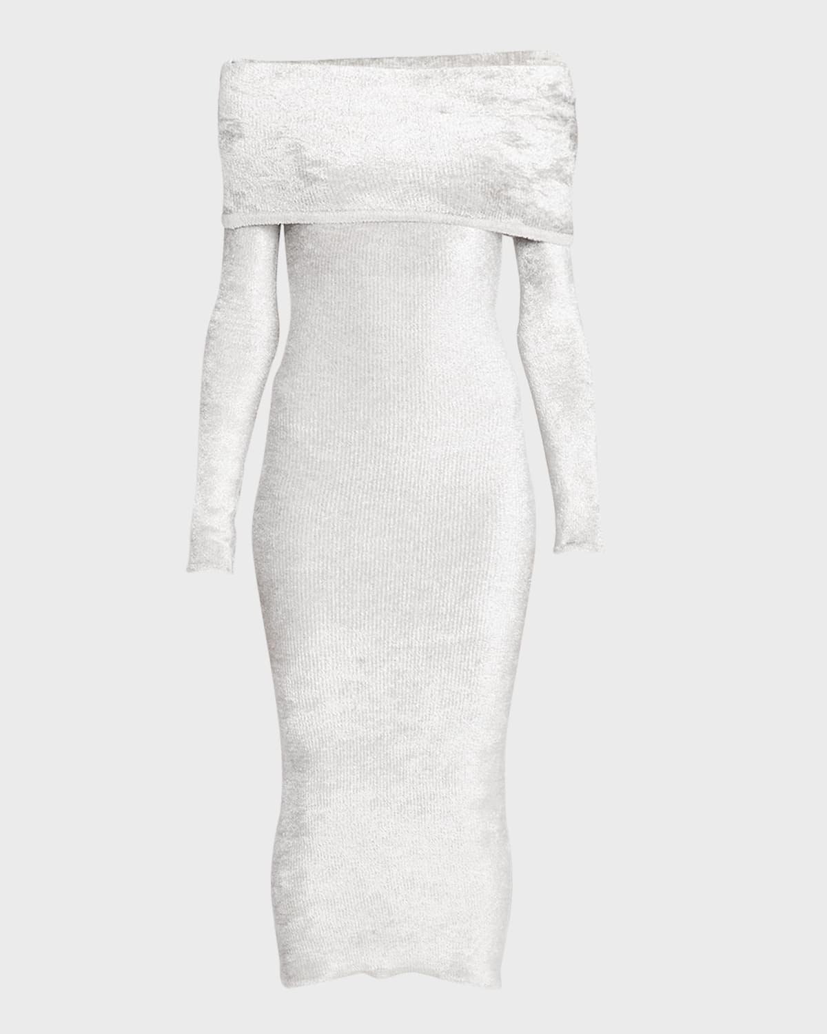 ALAIA Foldover Off-The-Shoulder Fuzzy Knit Midi Dress