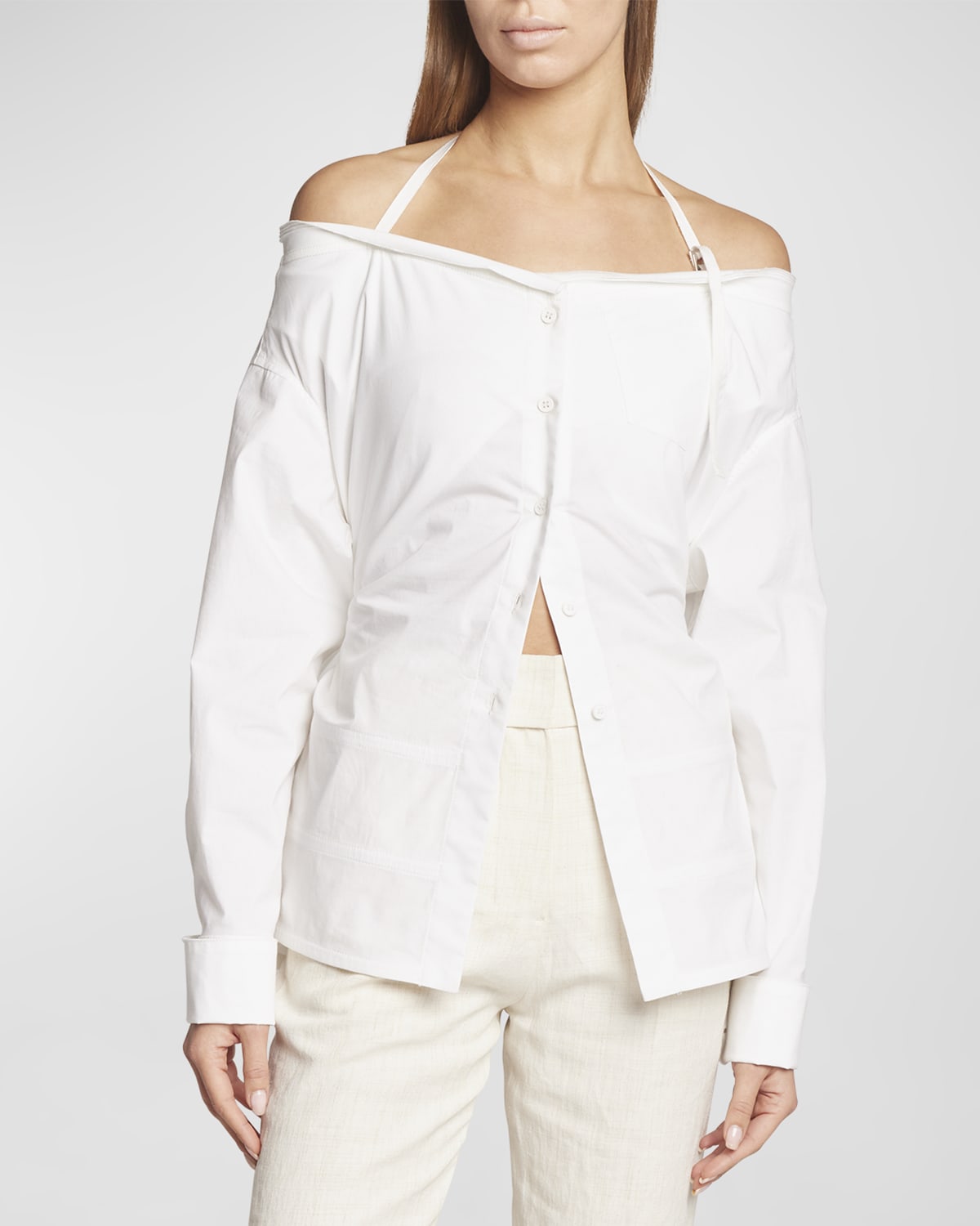 Jacquemus Off-Shoulder Halter Button-Front Shirt