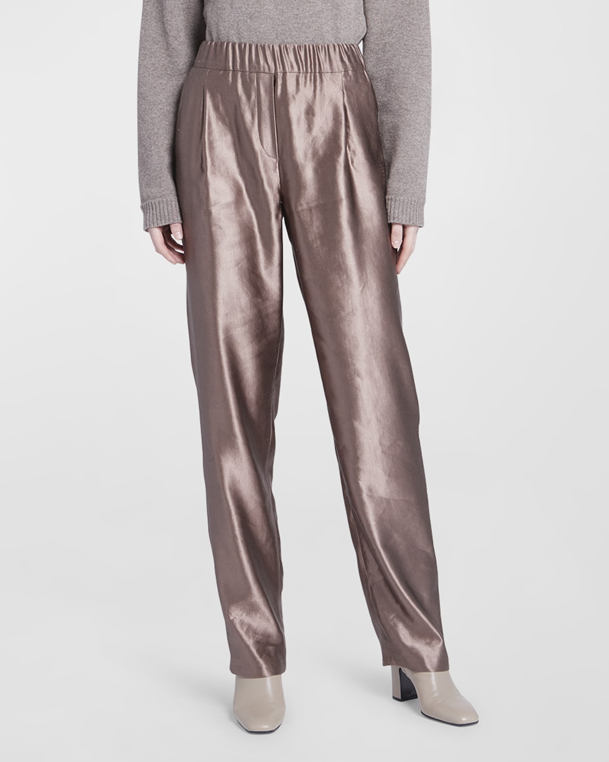 Giorgio Armani Metallic Silk Straight-Leg Pull-On Trousers