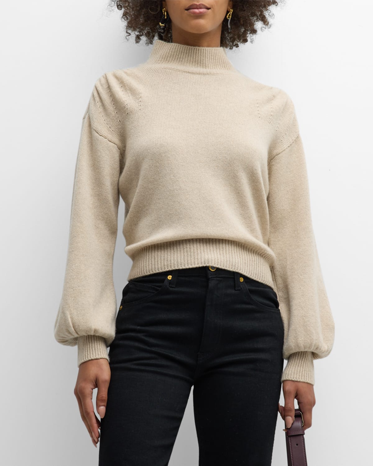 PAIGE Farah Cashmere Bishop-Sleeve Turtleneck Sweater