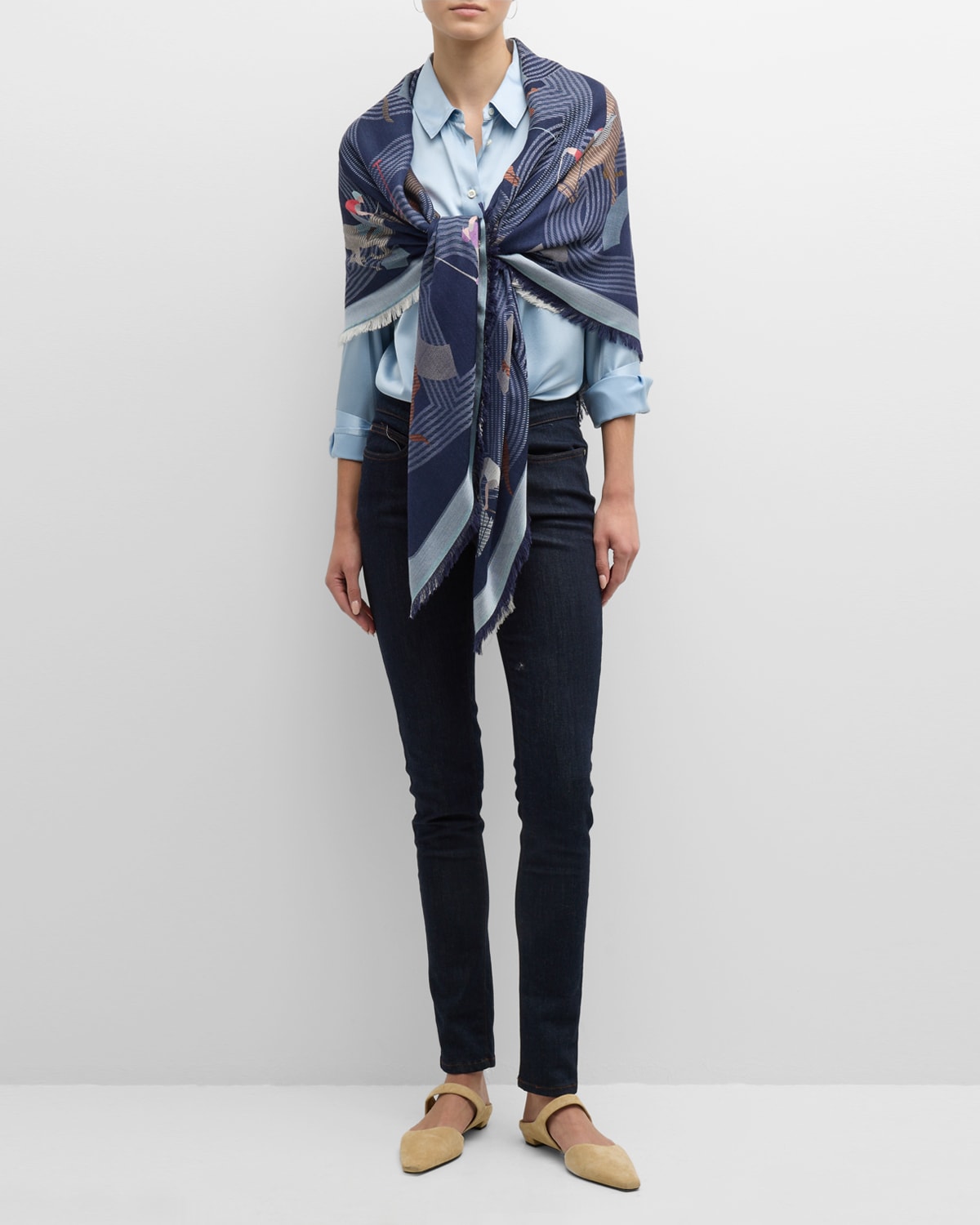 Rani Arabella Race Track Print Silk-Wool Scarf