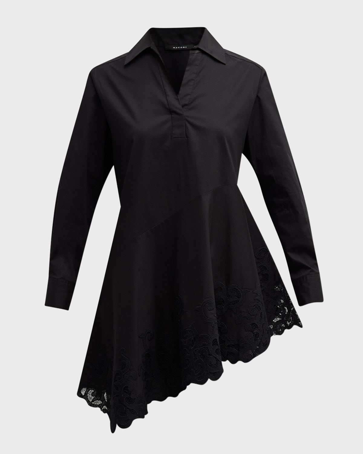 Natori Asymmetric Lace-Inset Cotton Poplin Shirt