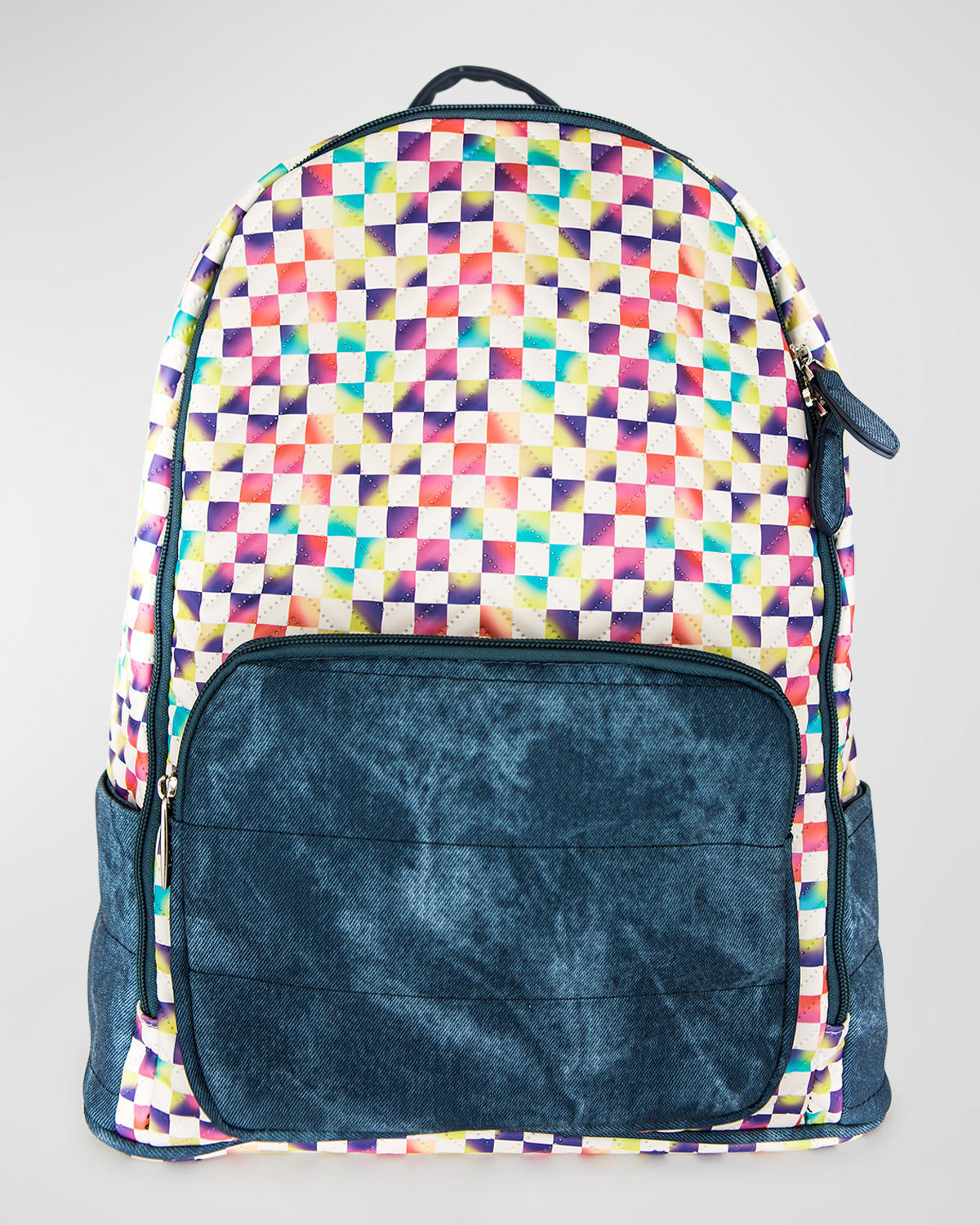 Bari Lynn denim and rainbow check backpack