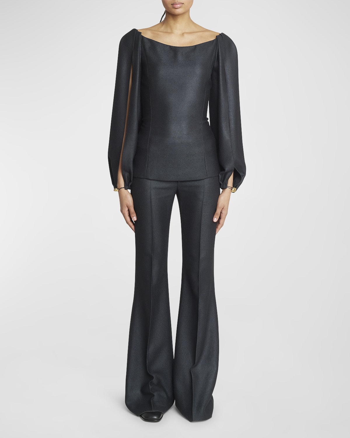 Chloe Beaded Blouson Slit-Sleeve Armoured Silk Wool Blouse