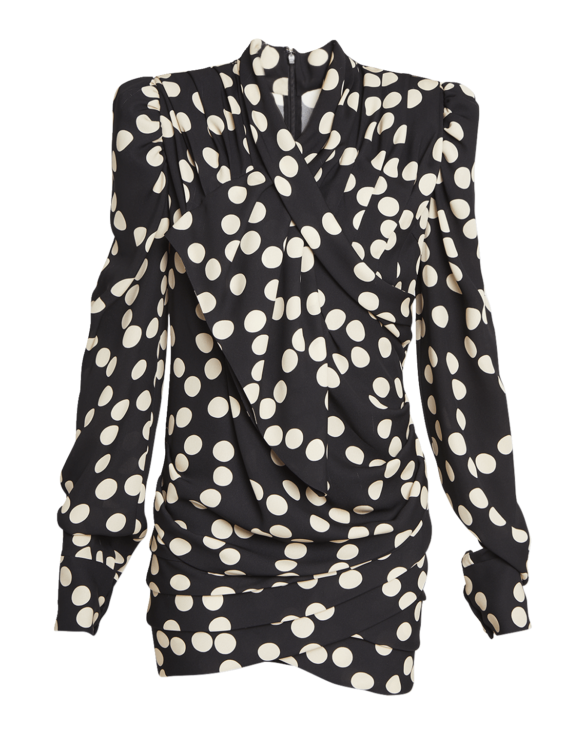 Balmain Polka-Dot Print Draped Strong-Shoulder Draped Crepe Mini Dress