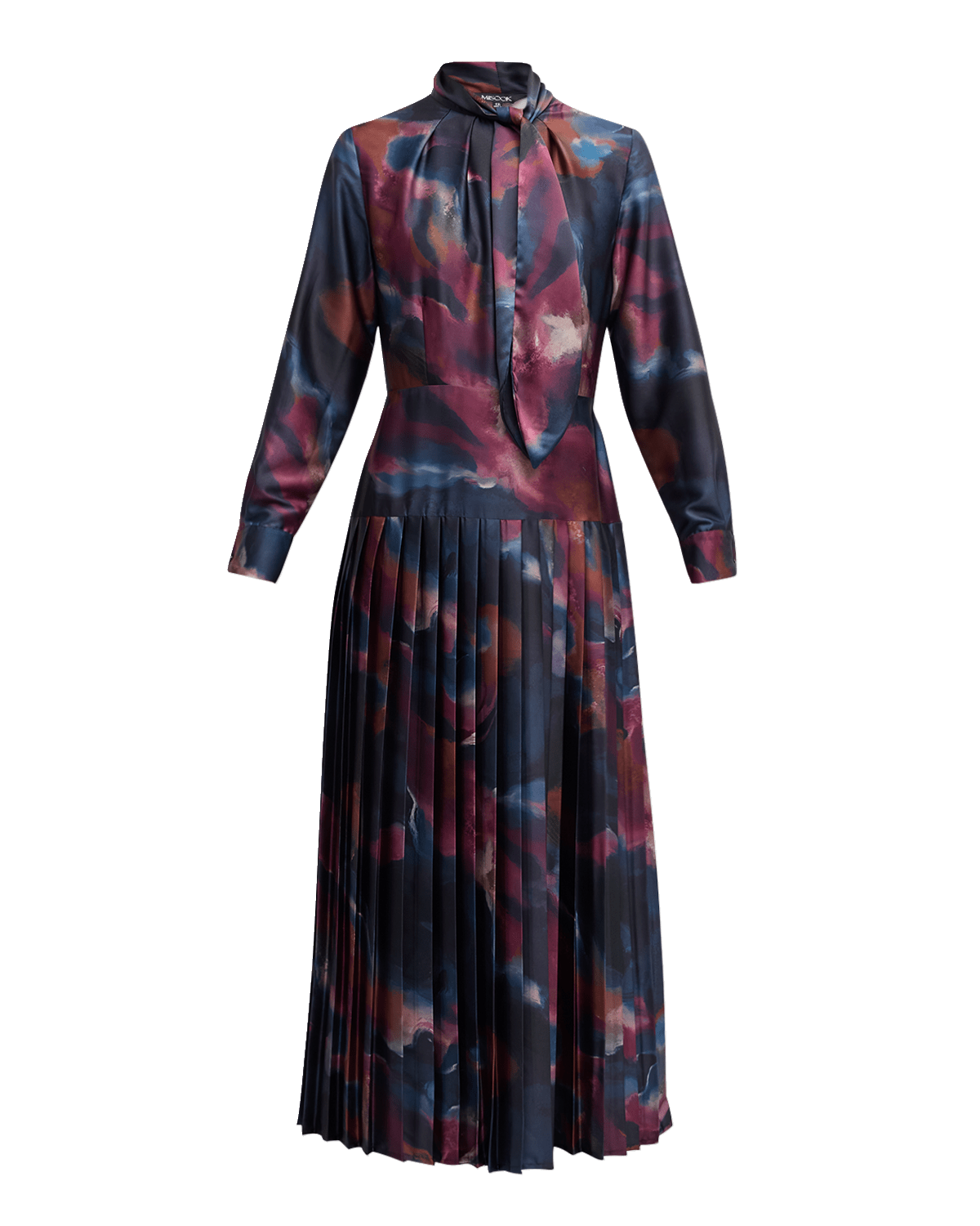 Misook Pleated Tie-Neck A-Line Midi Dress