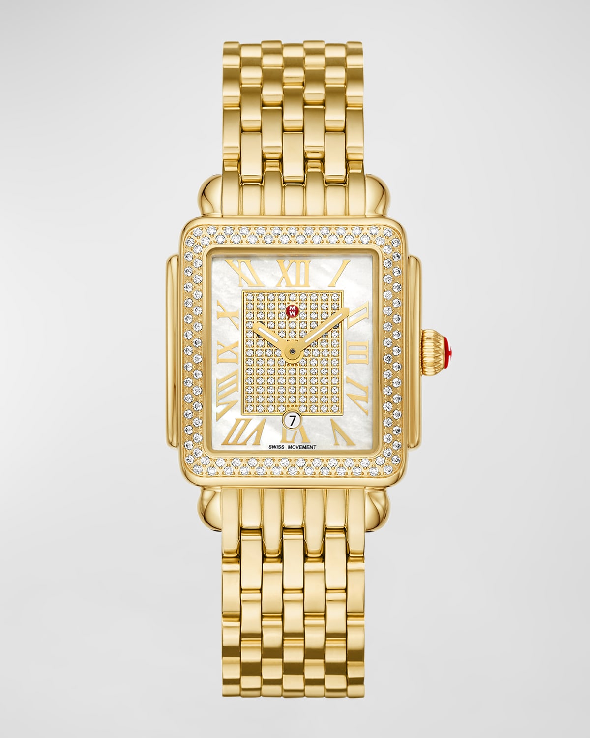 MICHELE Deco Madison Mid Pave 18K Gold Plated Watch with Mother-of-Pearl
