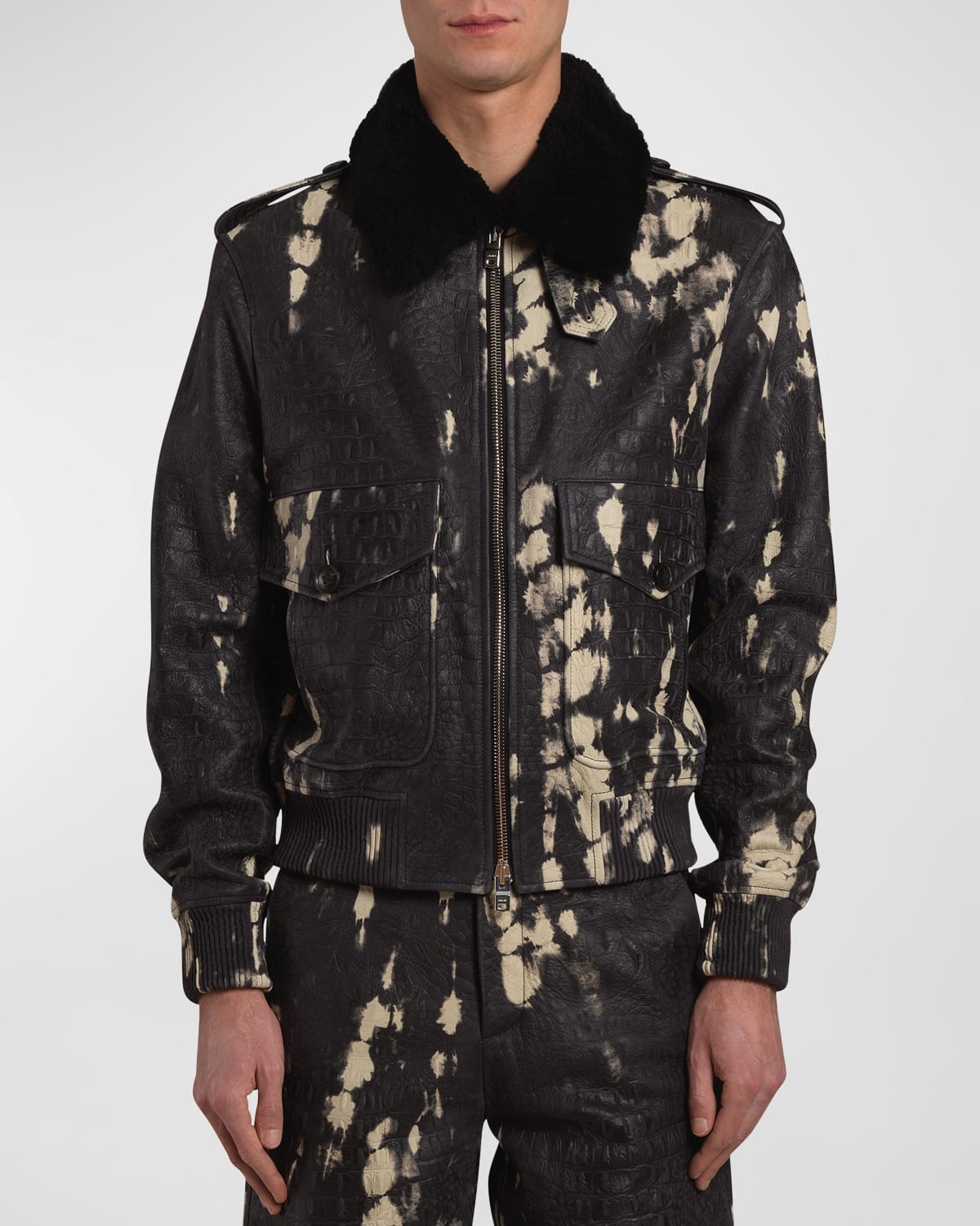 Amiri Men's Croc-Print Leather Aviator Jacket