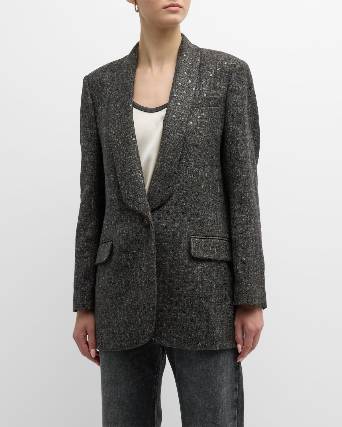 Brunello Cucinelli Tweed Wool Blazer Jacket with Paillette Detail