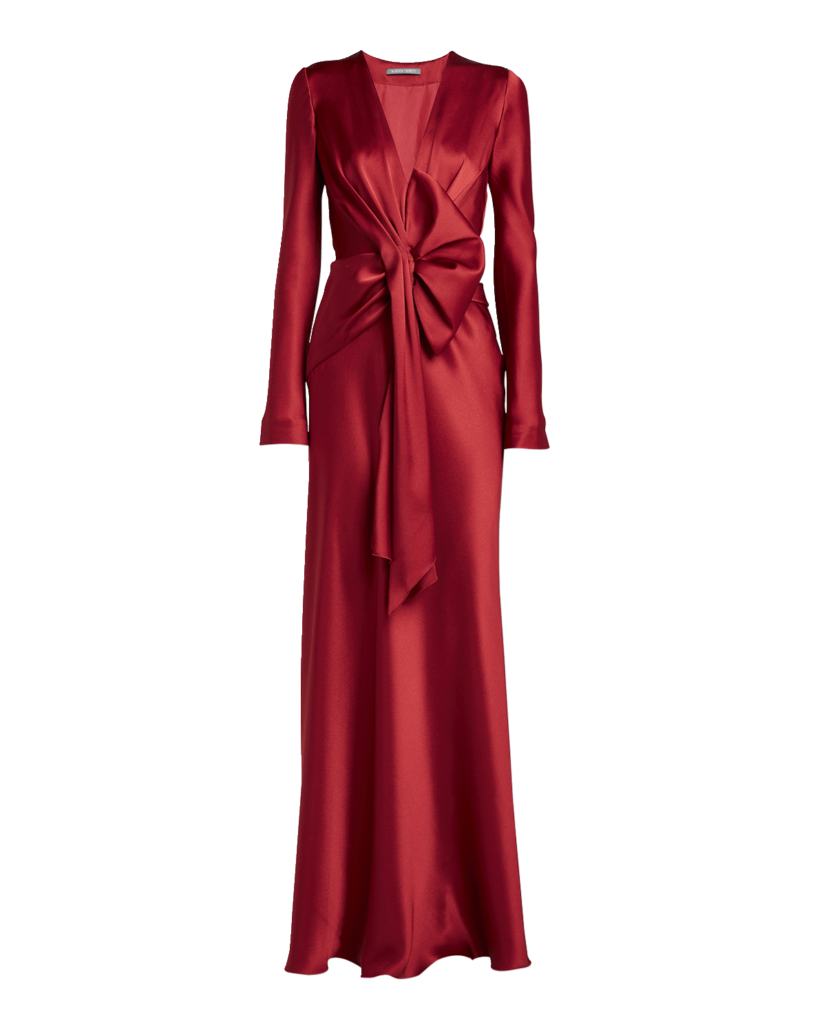 Alberta Ferretti Draped Bow Long-Sleeve Satin Gown