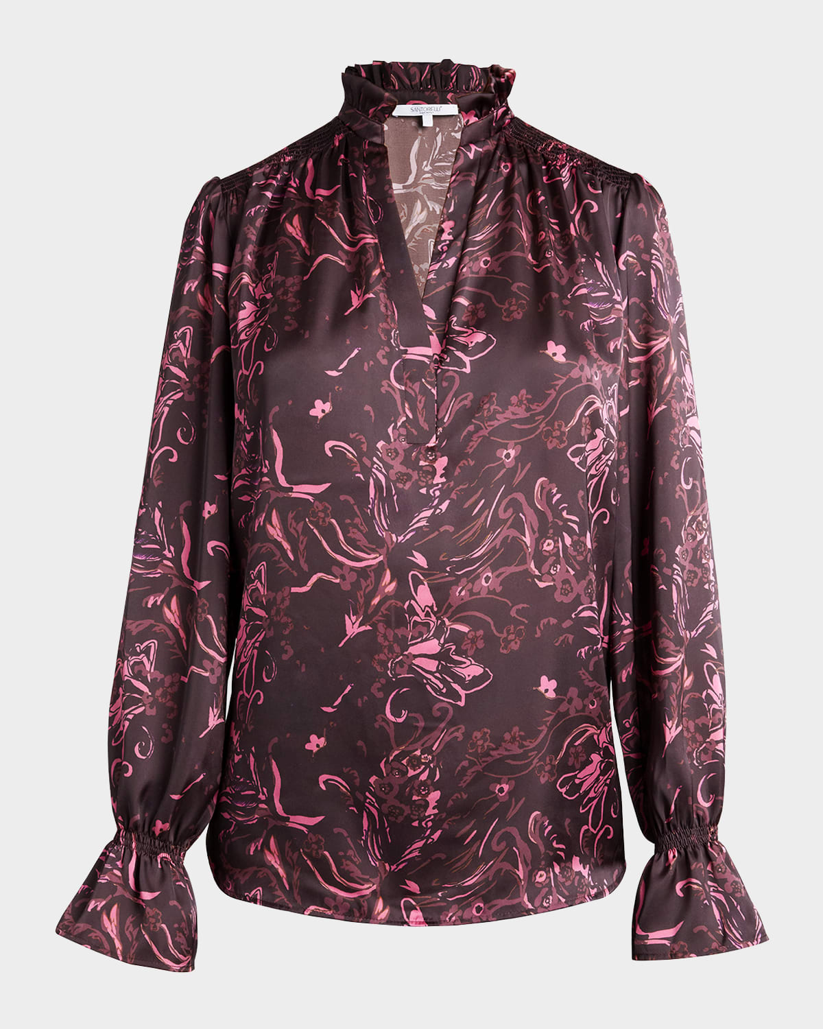 Santorelli Chelsea Floral-Print Blouson-Sleeve Blouse