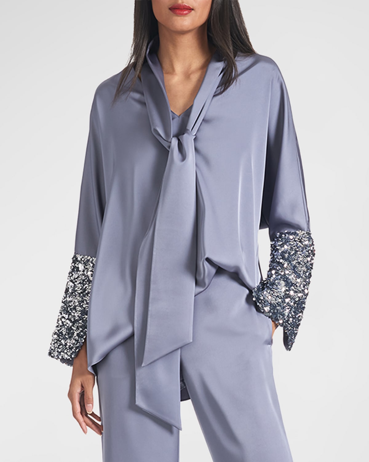 Sachin & Babi Reid Sequin-Cuff Tie-Neck Satin Crepe Top