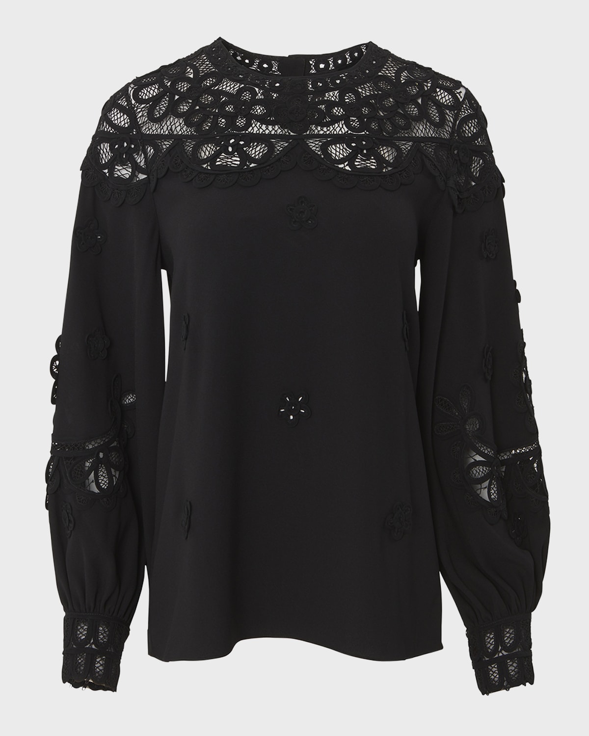 Carolina Herrera Embroidered Puff-Sleeve Top with Lace Panels