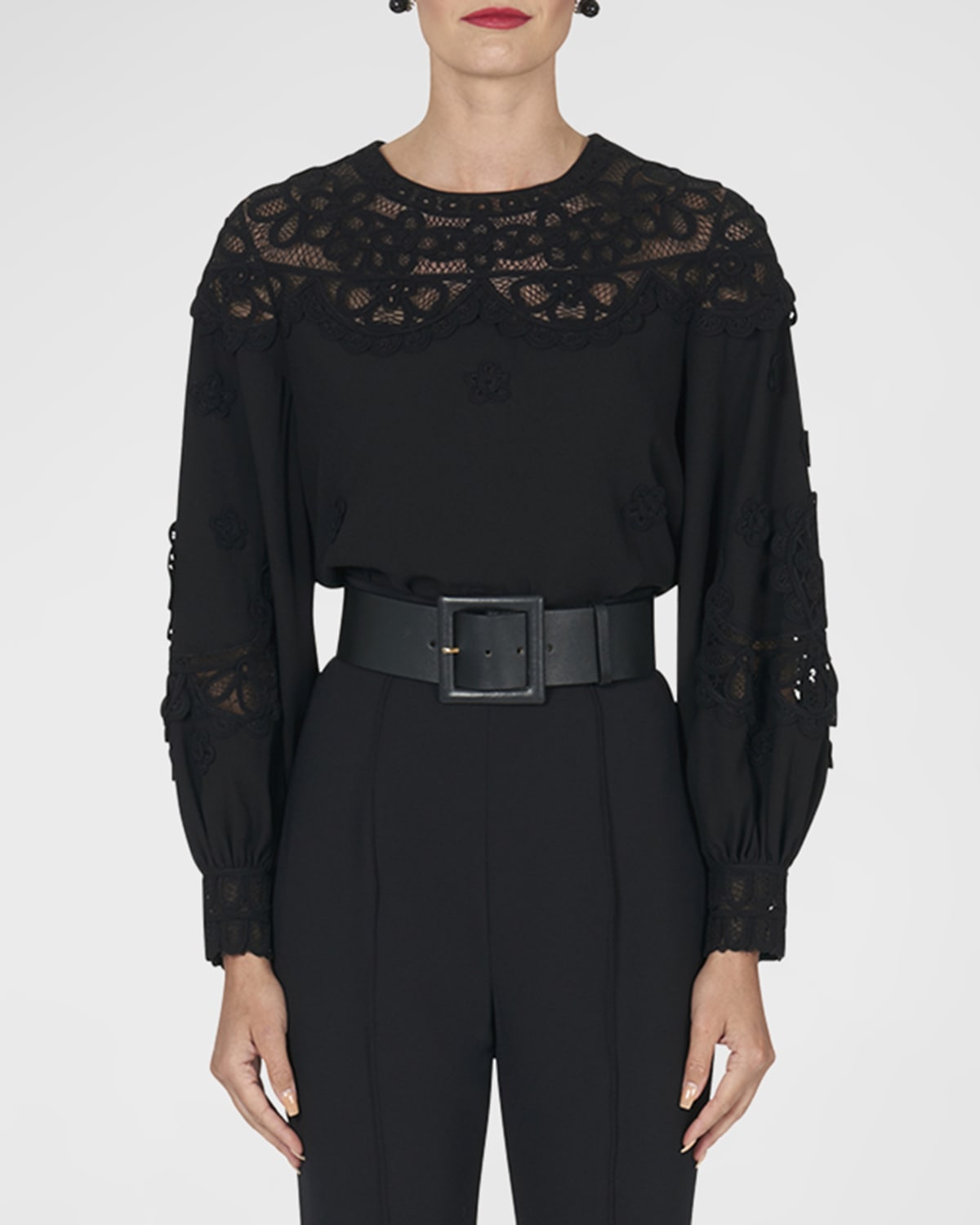 Carolina Herrera Embroidered Puff-Sleeve Top with Lace Panels