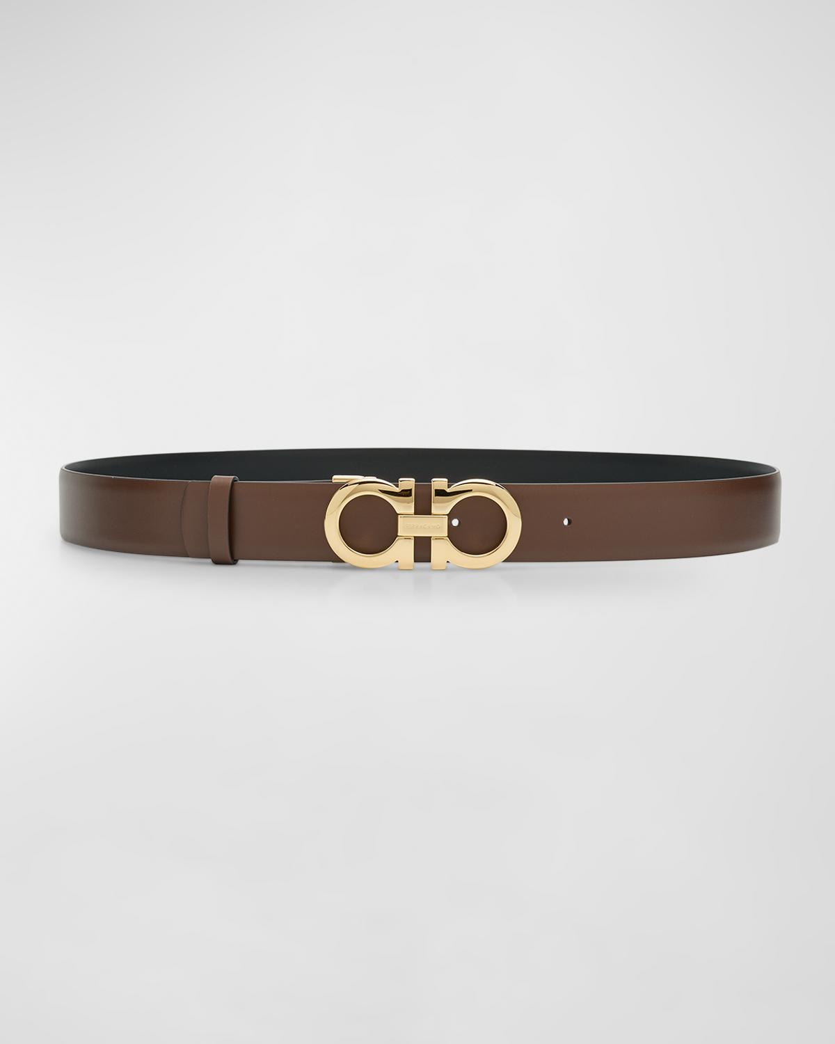 FERRAGAMO Gancini Reversible Brown Leather & Brass Belt
