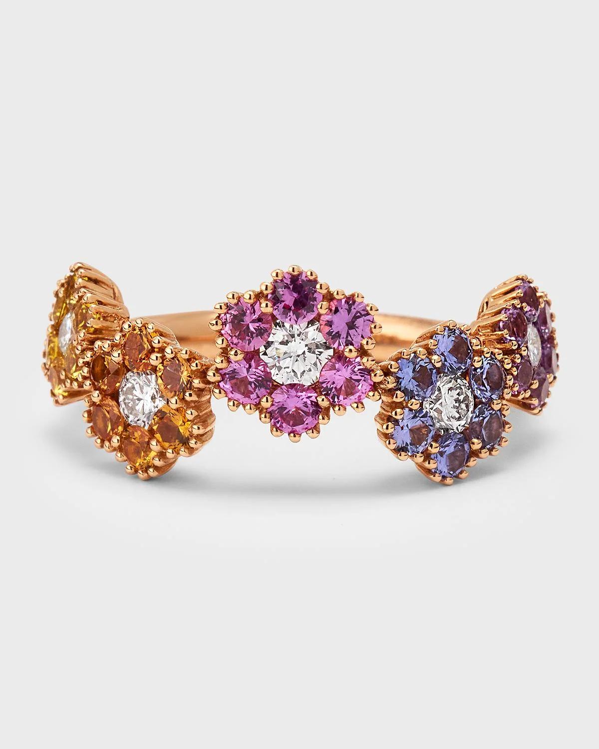 Rainbow 18K Rose Gold Sapphire & Diamond Daisy Flower Ring, Size 6
