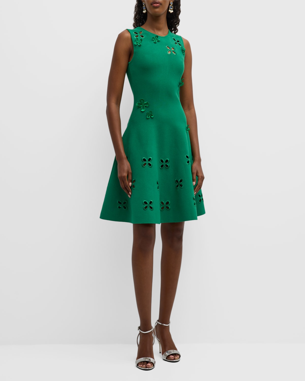 Oscar de la Renta Flower Embroidered Sleeveless Fit-&-Flare Dress