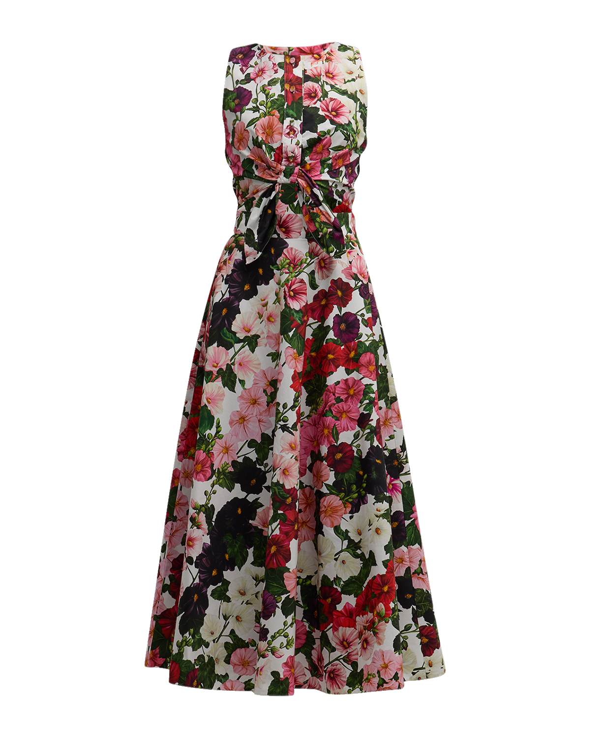 Oscar de la Renta Hollyhocks-Print Button-Front Tie-Cutout Sleeveless Midi Dress