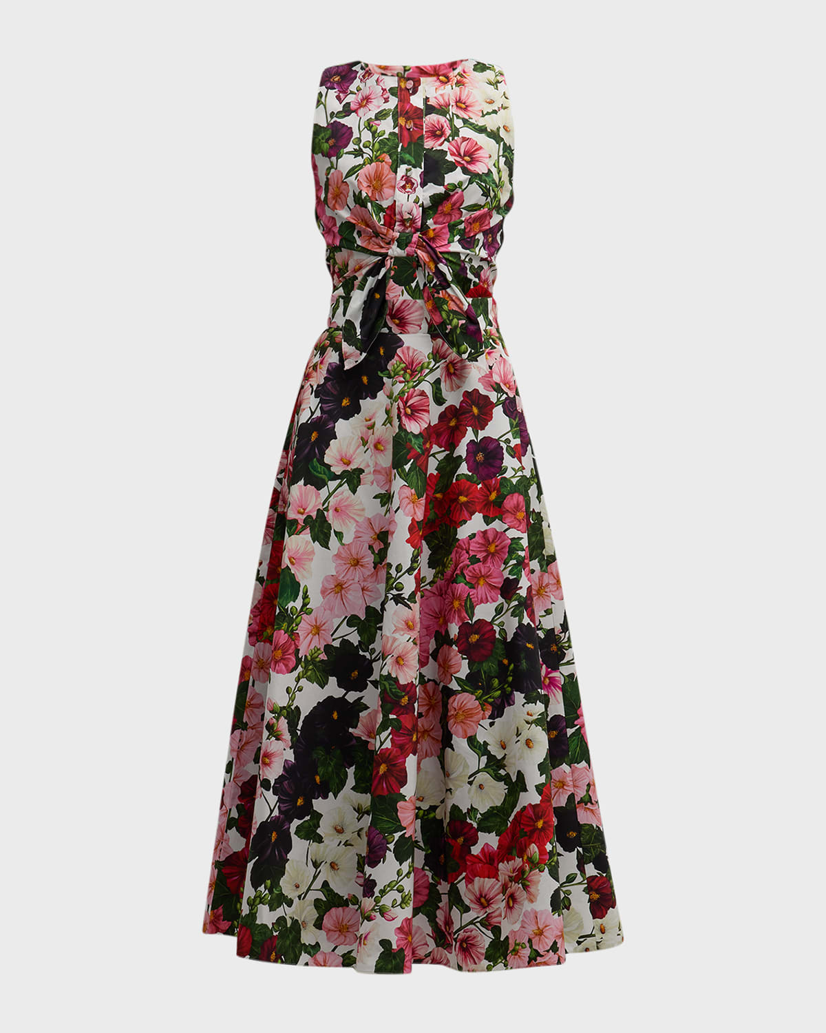 Oscar de la Renta Hollyhocks-Print Button-Front Tie-Cutout Sleeveless Midi Dress