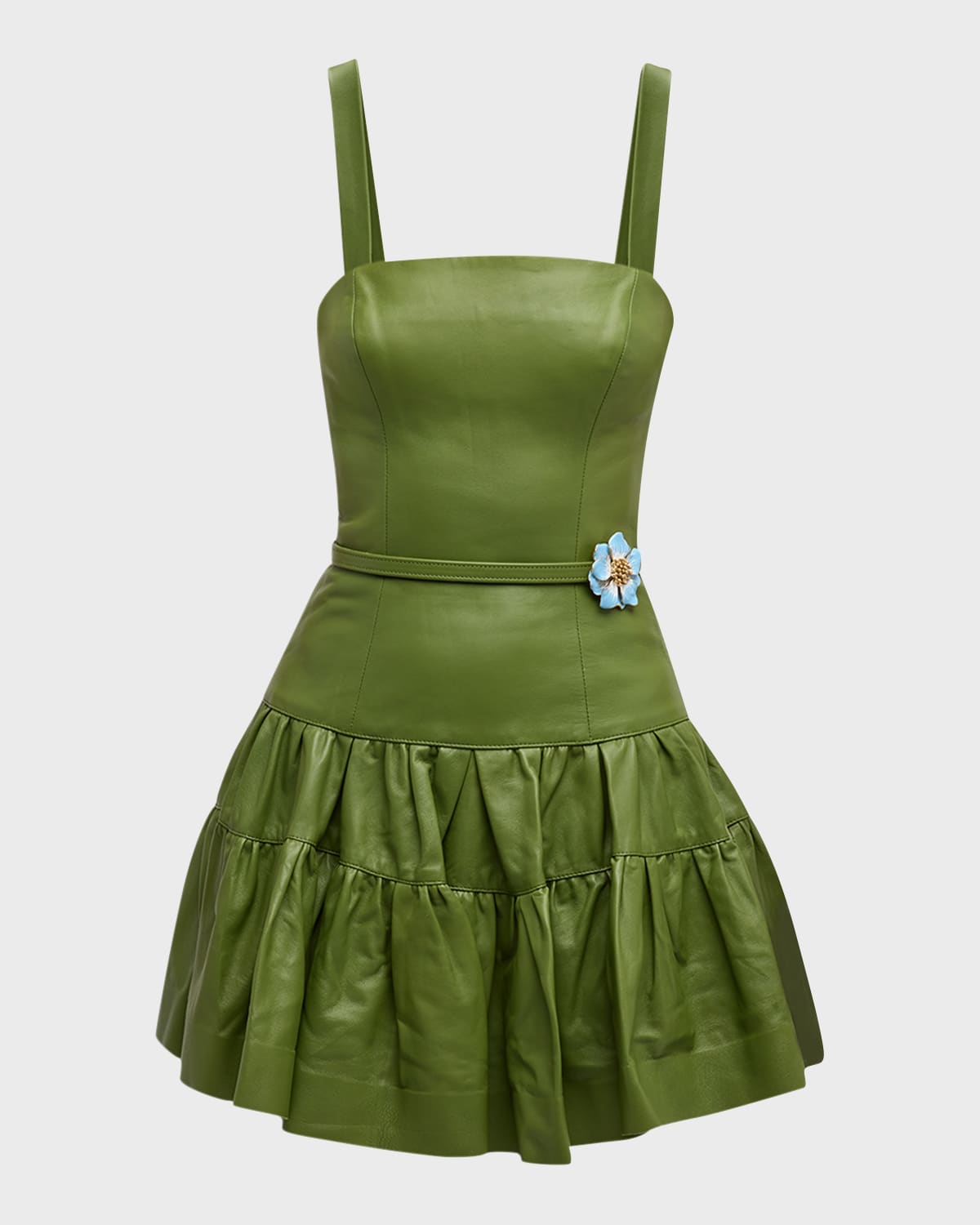 Oscar de la Renta Leather Tiered Sleeveless Mini Dress With Belt