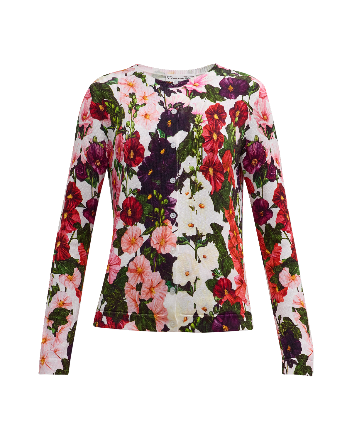 Oscar de la Renta Hollyhocks Print Crewneck Cardigan