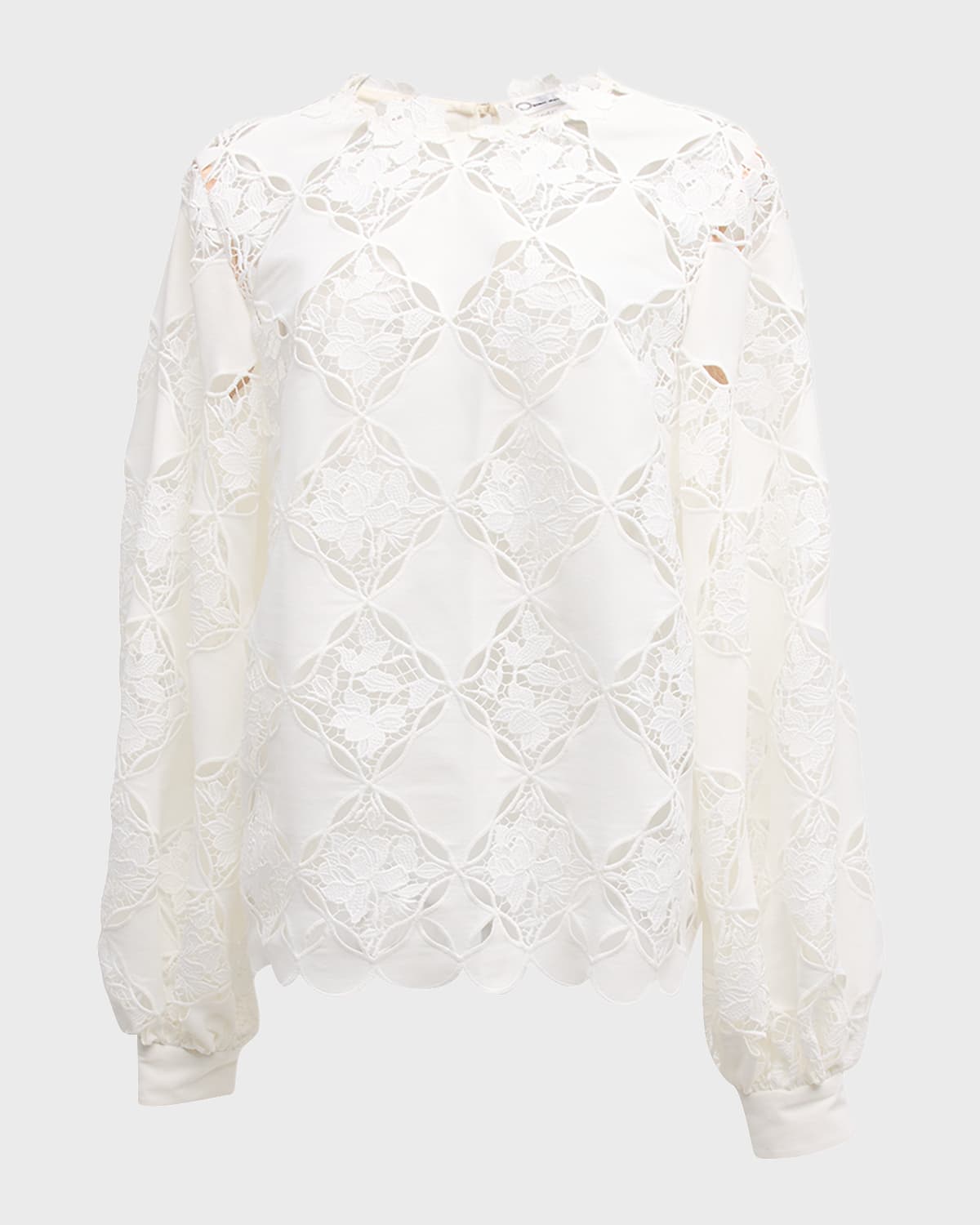 Oscar de la Renta Balloon-Sleeve Gardenia Guipure Eyelet Blouse