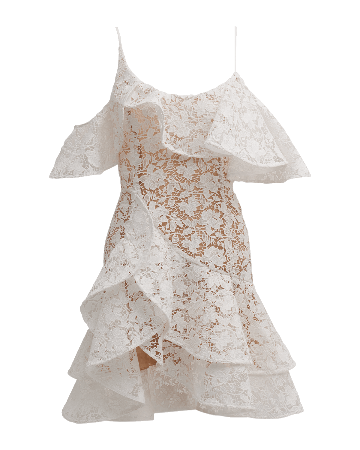 Oscar de la Renta Gardenia Guipure Ruffle Cold-Shoulder Tiered Mini Dress