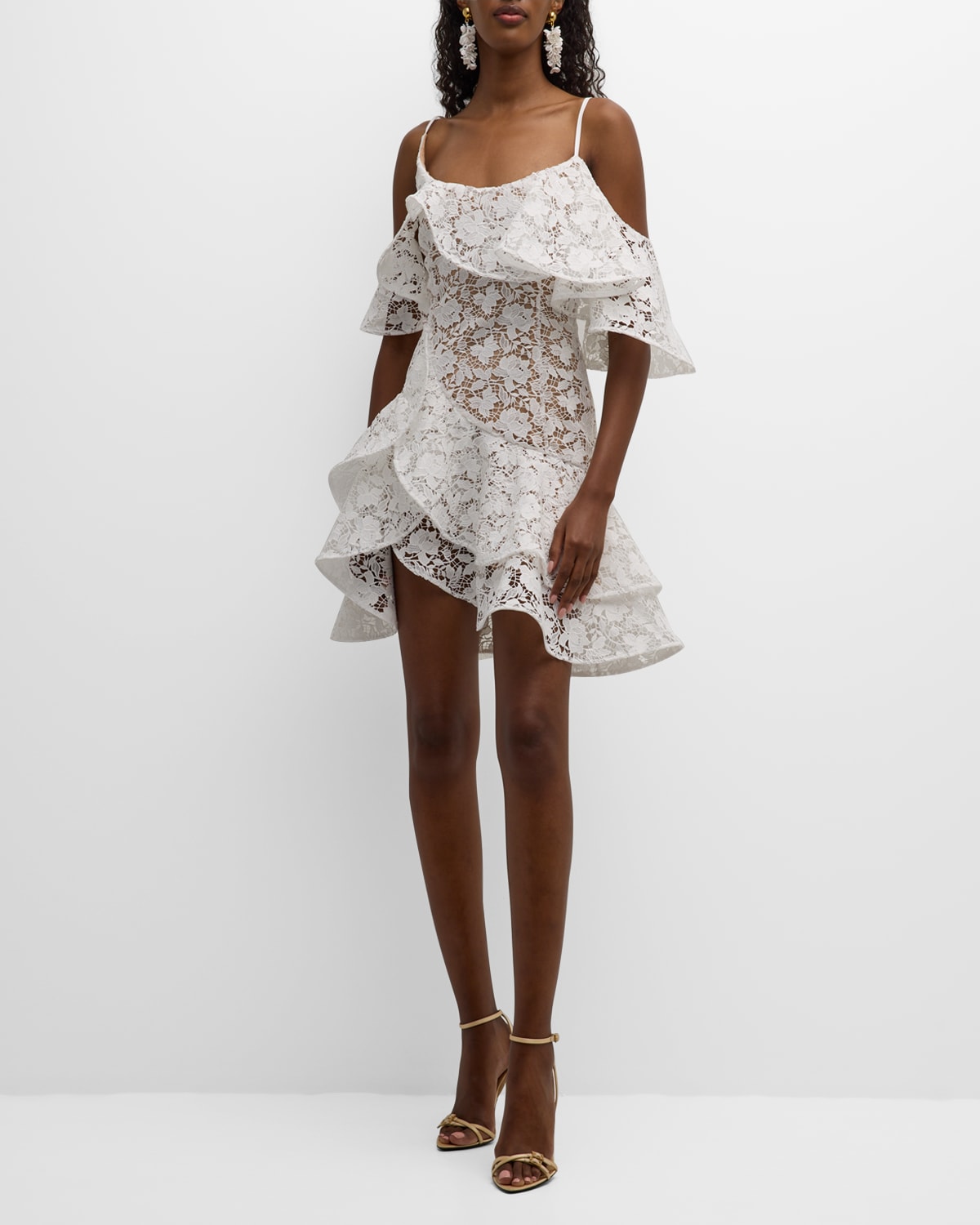 Oscar de la Renta Gardenia Guipure Ruffle Cold-Shoulder Tiered Mini Dress