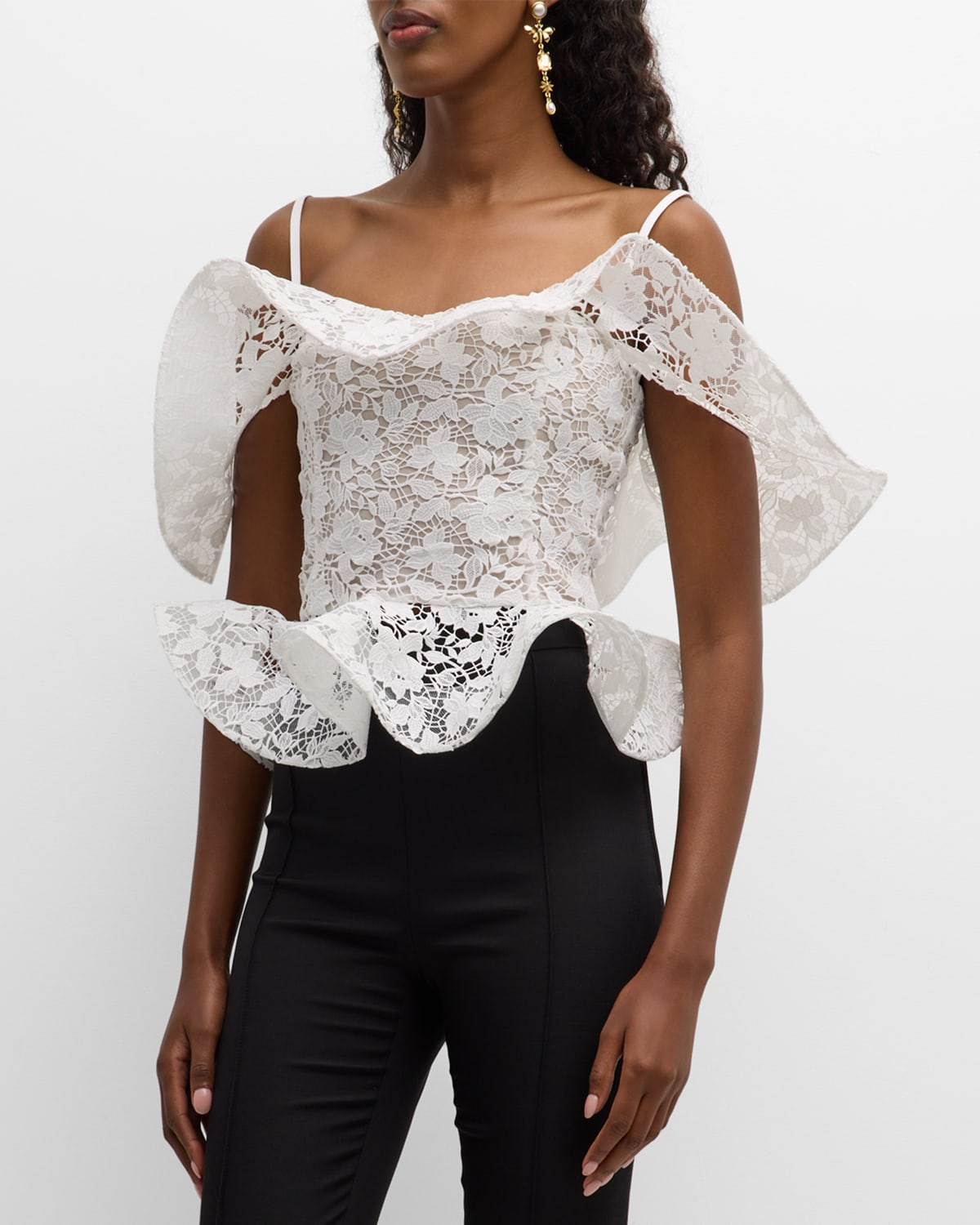 Oscar de la Renta Gardenia Guipure Ruffle Peplum Blouse