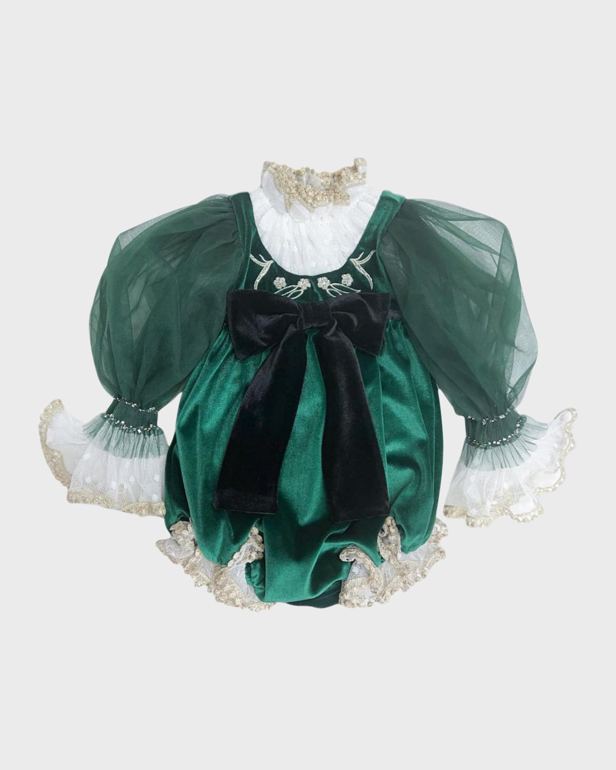 Petite Maison Kids Girl's Aurora Embellished Puff Sleeve Velour Romper, Size 3M-3