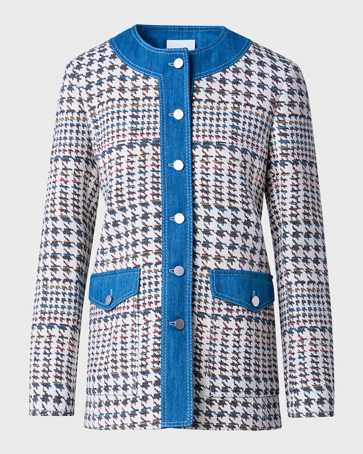Akris punto Denim-Trim Houndstooth Jacquard Collarless Jacket