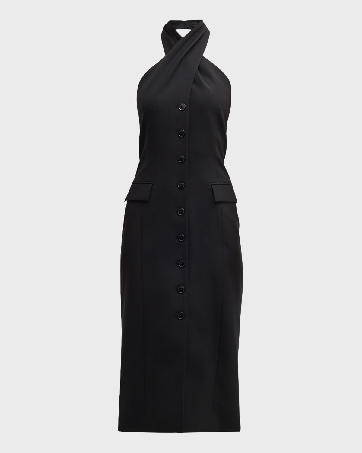 Salon 1884 Pia Crossover-Halter Button-Front Midi Dress