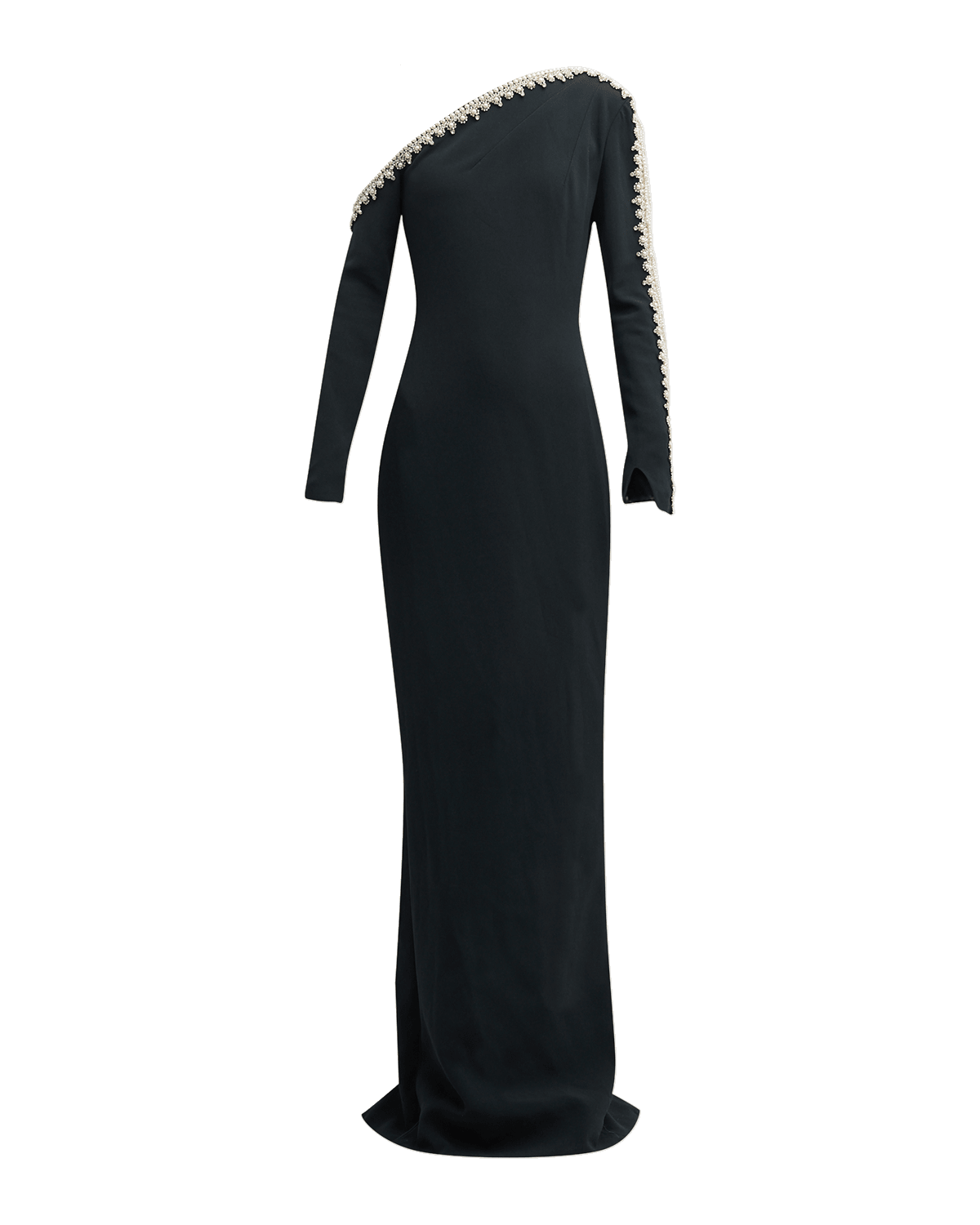 Pamella Roland Pearlescent Beaded Fringe One-Shoulder Long-Sleeve Crepe Gown