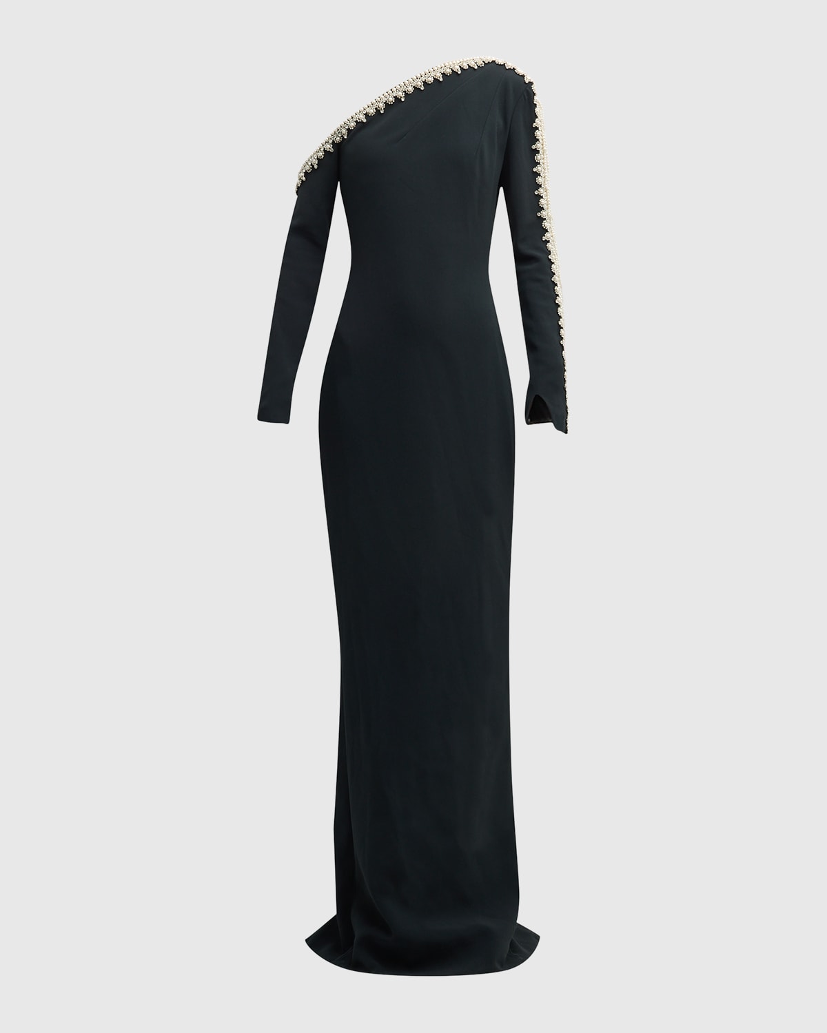 Pamella Roland Pearlescent Beaded Fringe One-Shoulder Long-Sleeve Crepe Gown