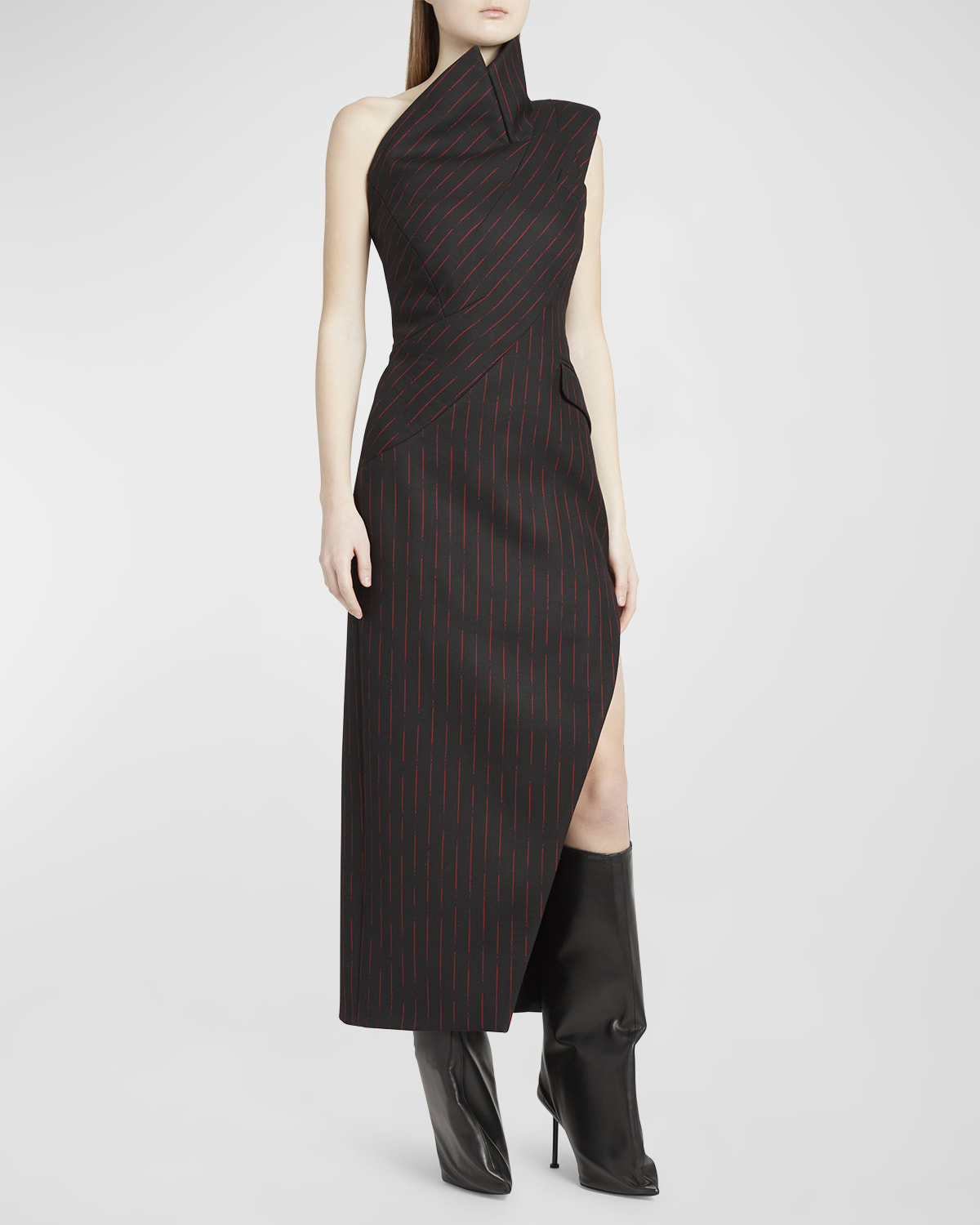 Alexander McQueen Pinstripe One-Shoulder Day Dress