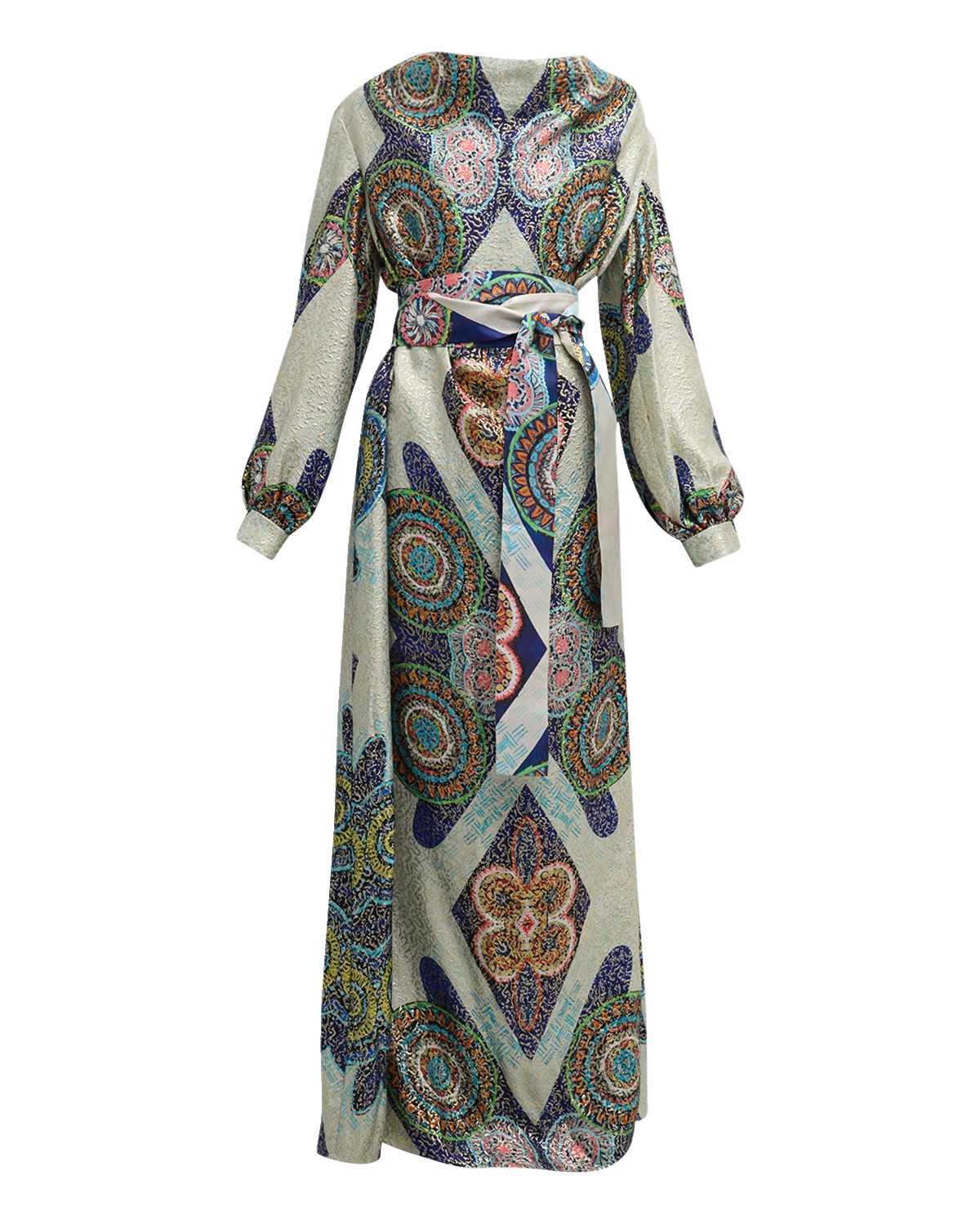 Rianna + Nina Sharon Cowl-Neck Metallic Kipos Brocade Belted Maxi Dress