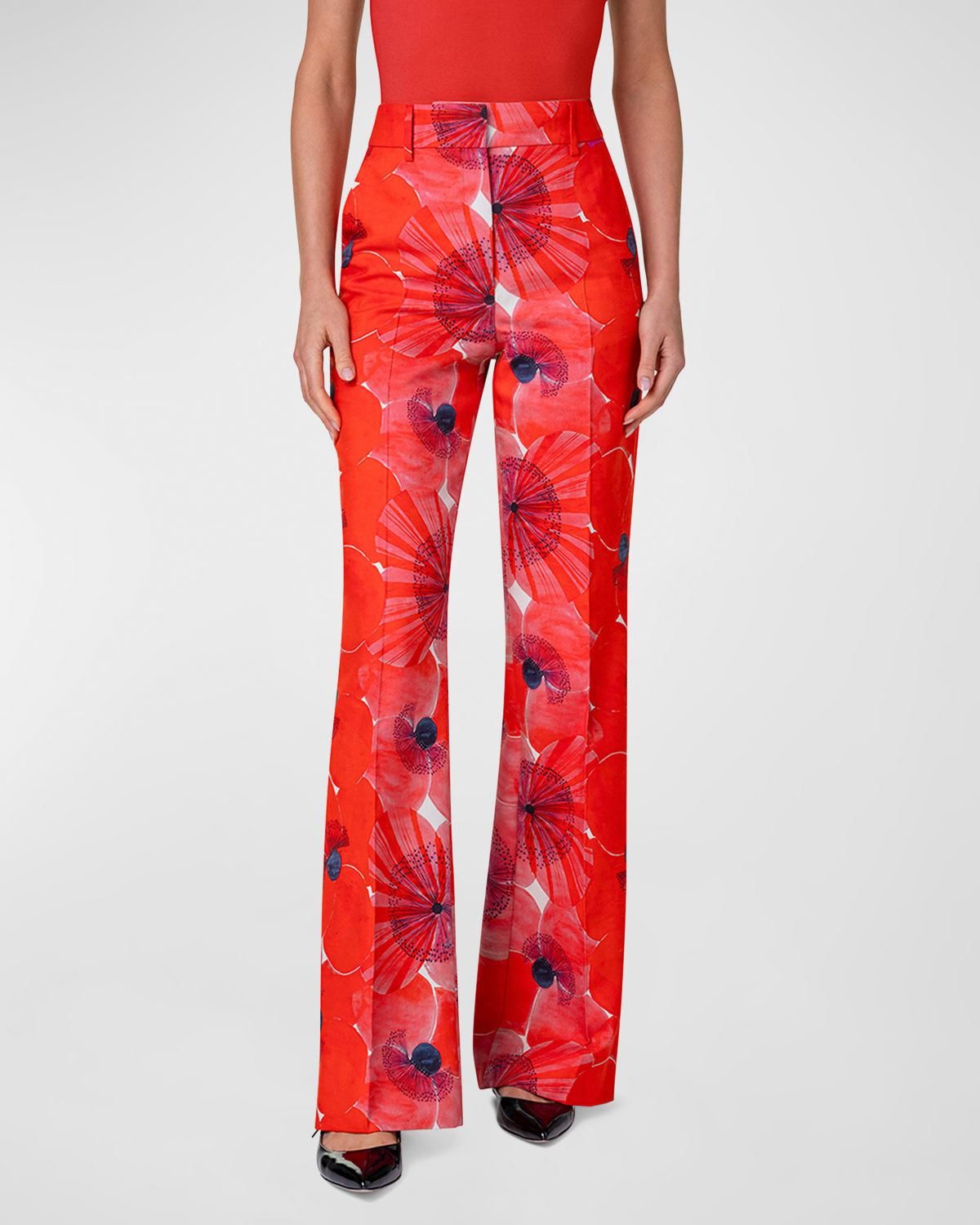 Akris Florine Cotton Silk Poppies Print Pants