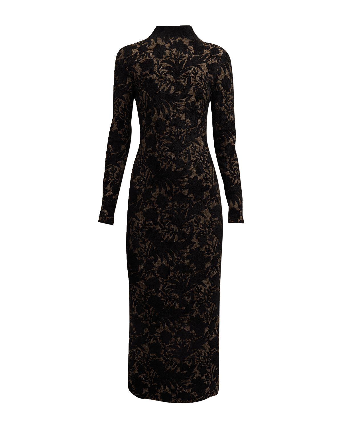Lela Rose Floral Jacquard Knit Mock-Neck Long-Sleeve Midi Dress