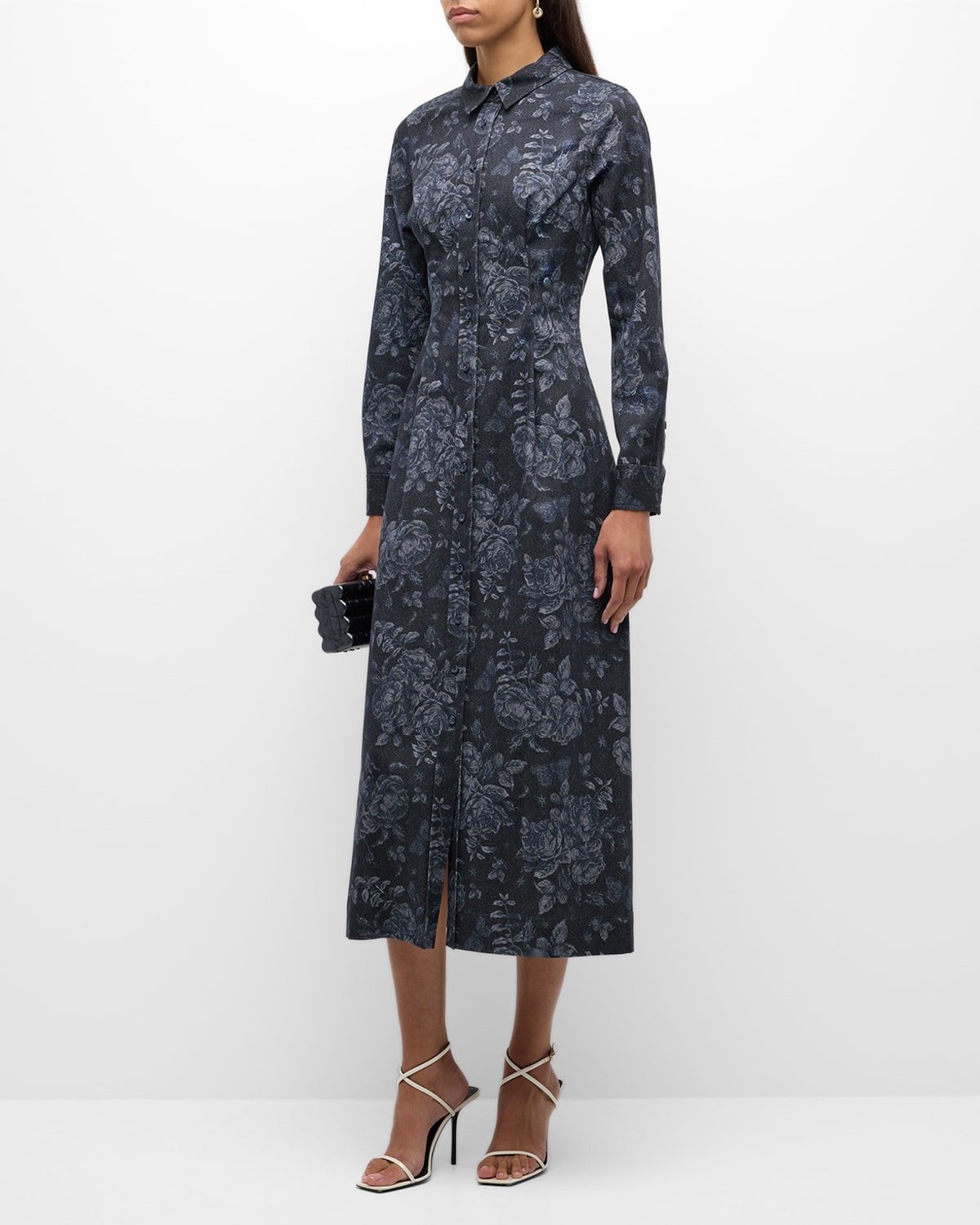 Lela Rose Floral-Print Long-Sleeve A-Line Maxi Shirtdress