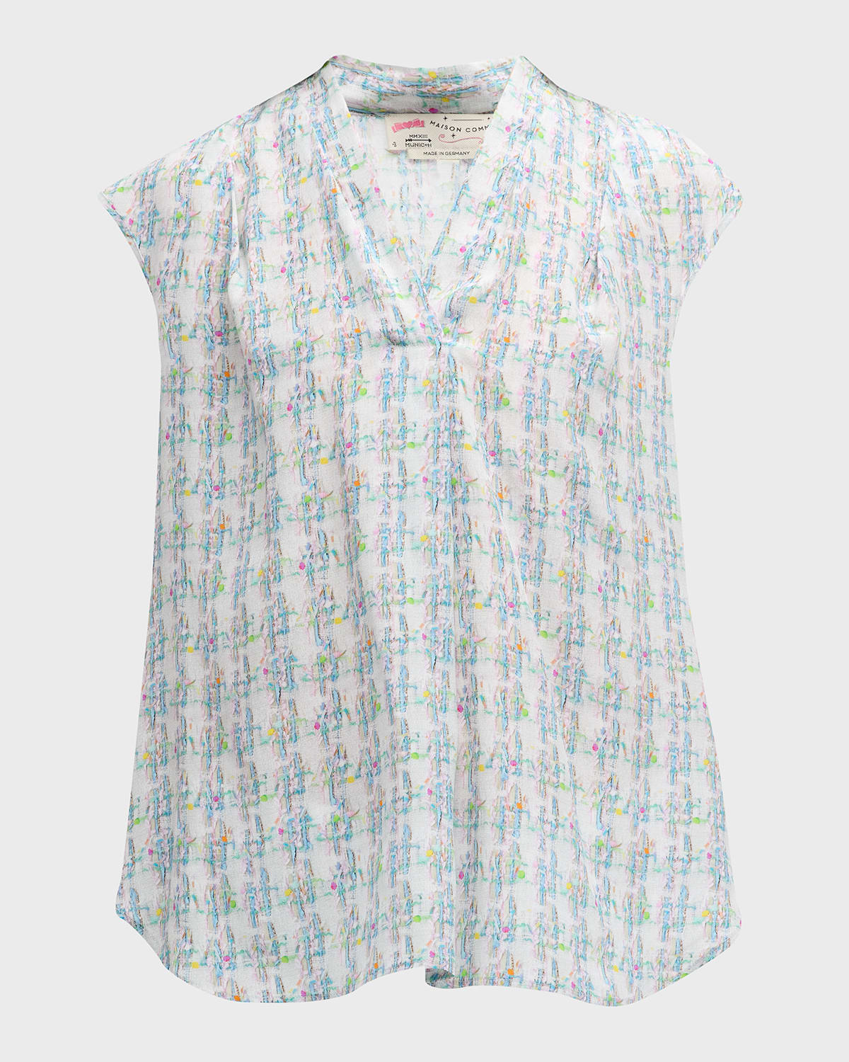 Maison Common Silk Tweed-Print V-Neck Shell Top