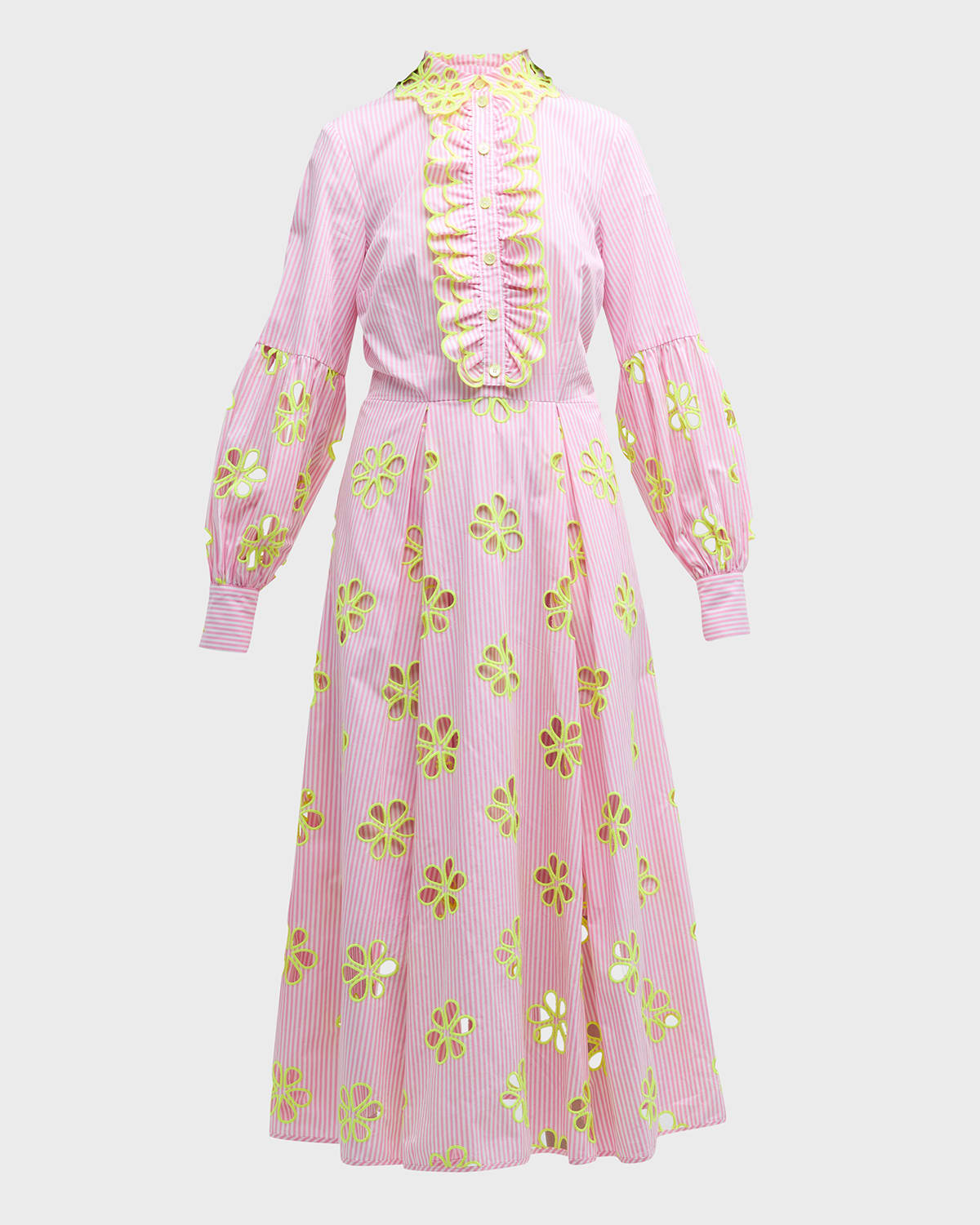 Maison Common Embroidered Cotton Stripe Cutout Midi Dress with Detachable Bib