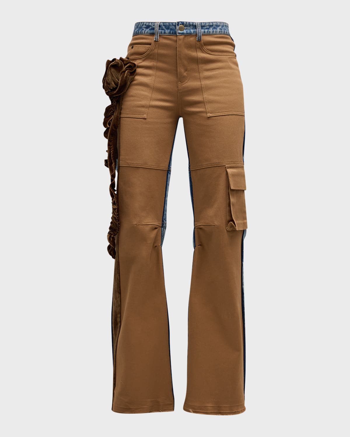 Hellessy Tanner Mixed-Media Floral-Applique Straight-Leg Cargo Jeans