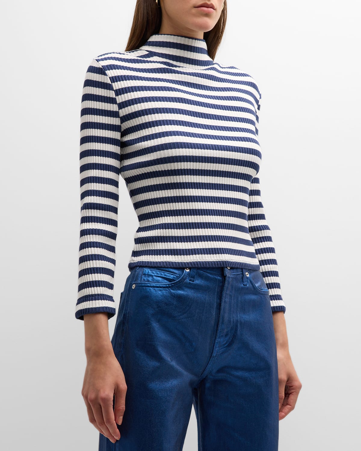 Veronica Beard Pierre Striped Knit Mock-Neck Top