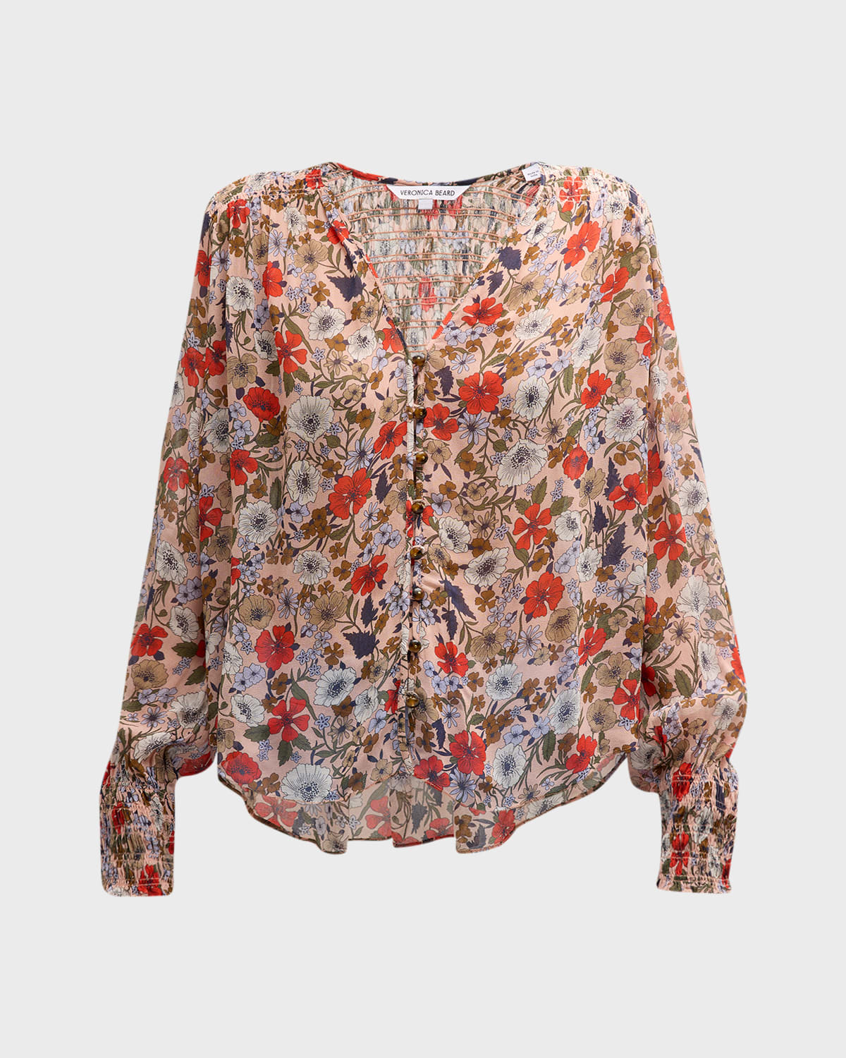 Veronica Beard Neha Floral Smocked Long-Sleeve Top