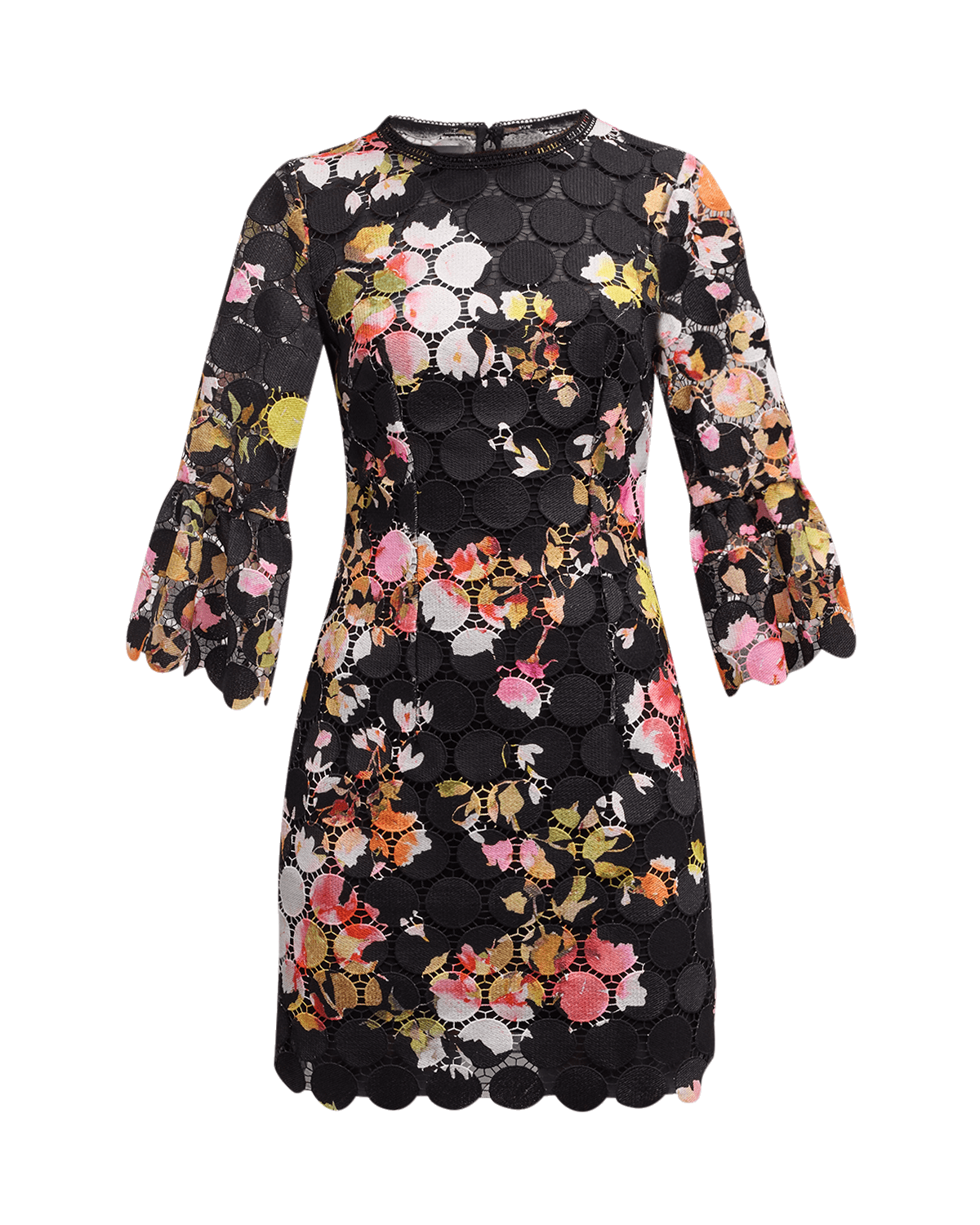 Monique Lhuillier Floral-Print Circle Lace Bell-Sleeve Mini Dress